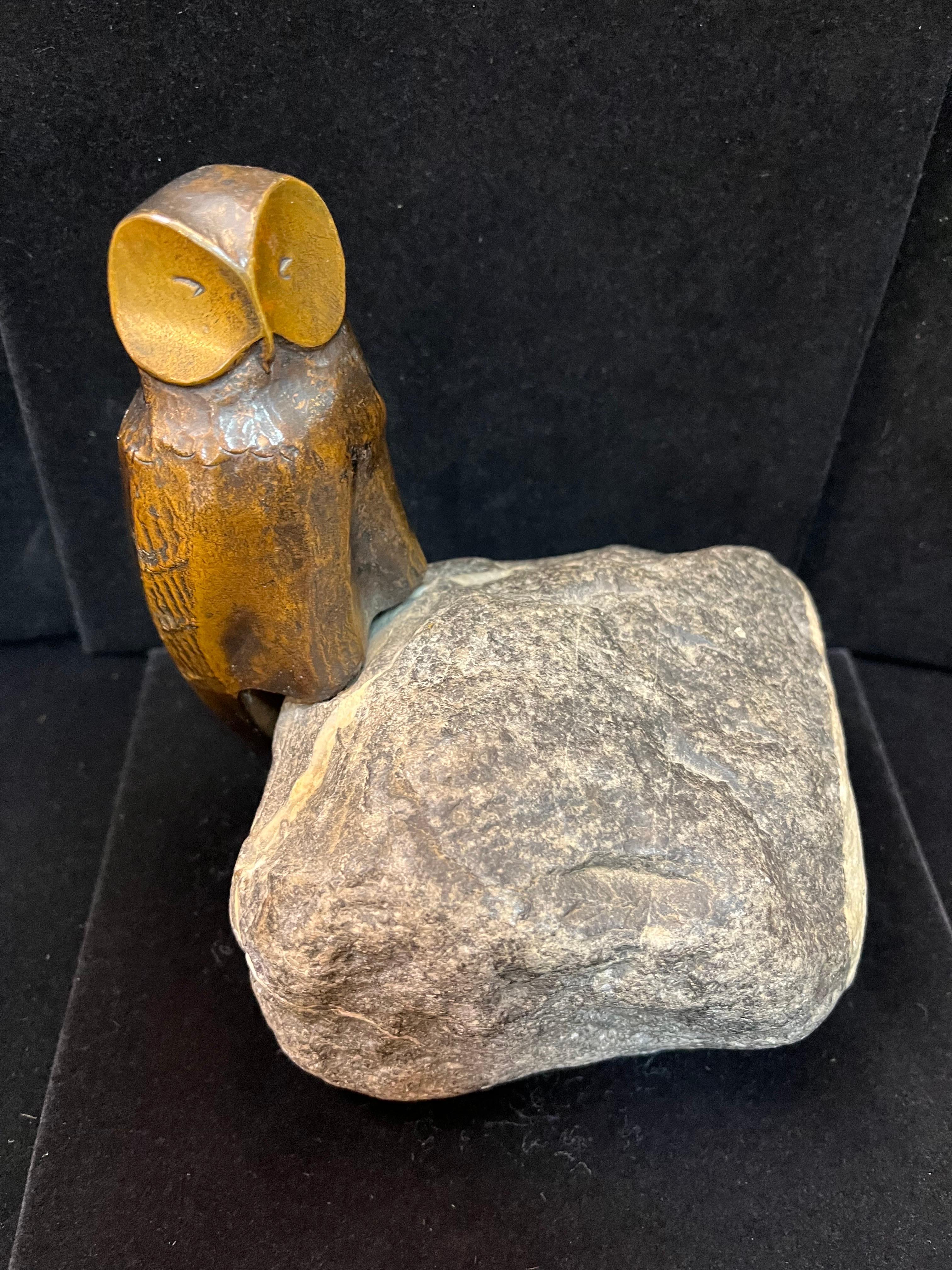 Charles Reussner French Sculpture of a Bronze Owl Perched on a Natural Stone For Sale 1
