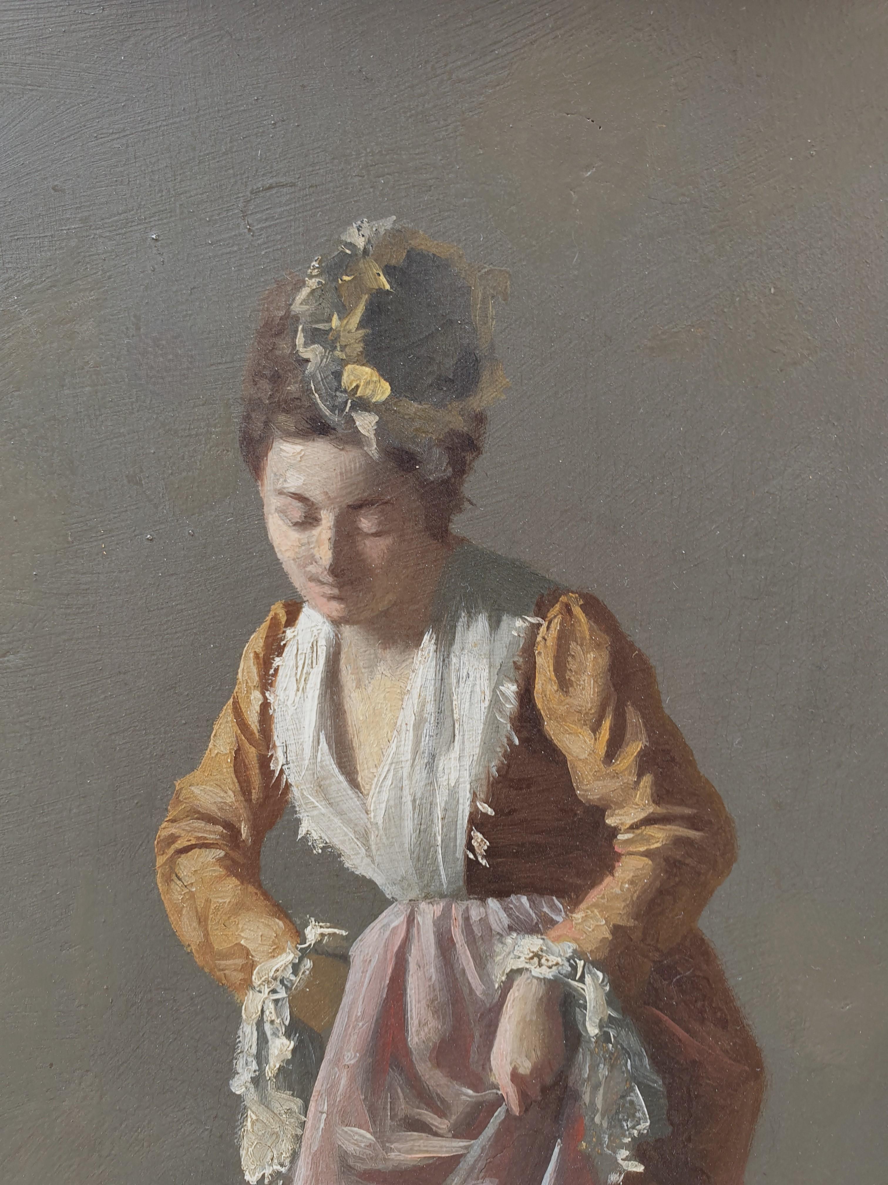 Französisches Gemälde 19. REVEL-Porträt einer Frau aus dem 18. Jahrhundert in Kostüm (Französische Schule), Painting, von Charles REVEL