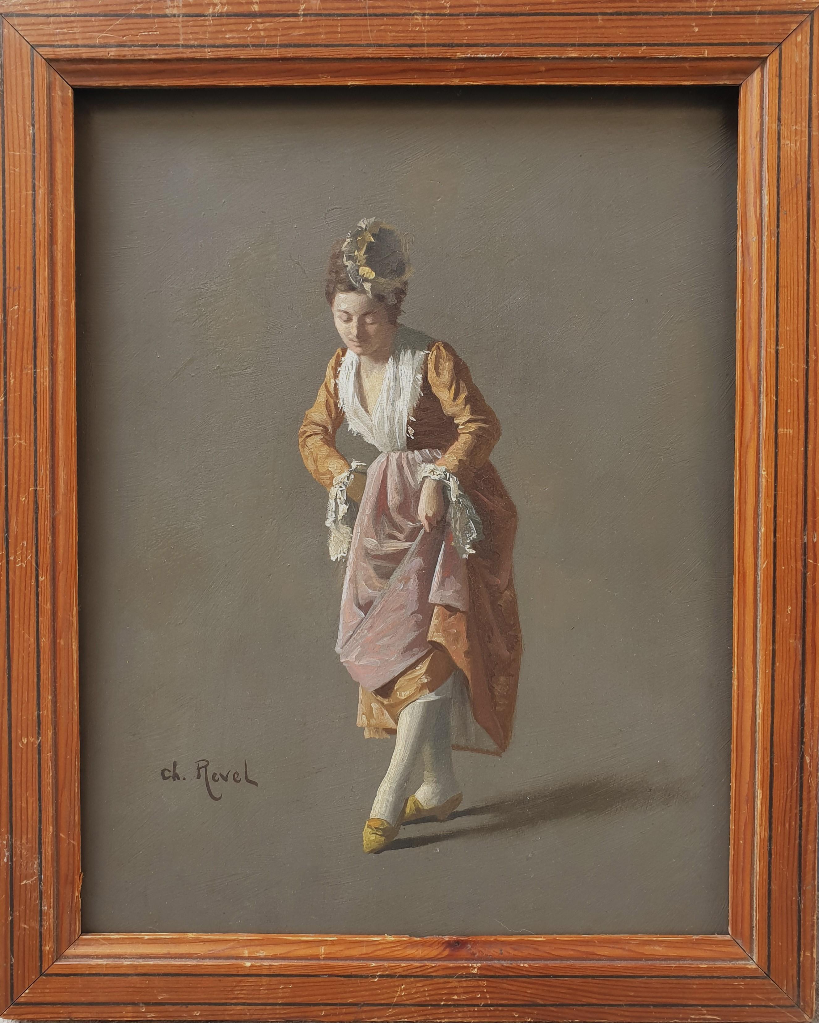 Französisches Gemälde 19. REVEL-Porträt einer Frau aus dem 18. Jahrhundert in Kostüm – Painting von Charles REVEL