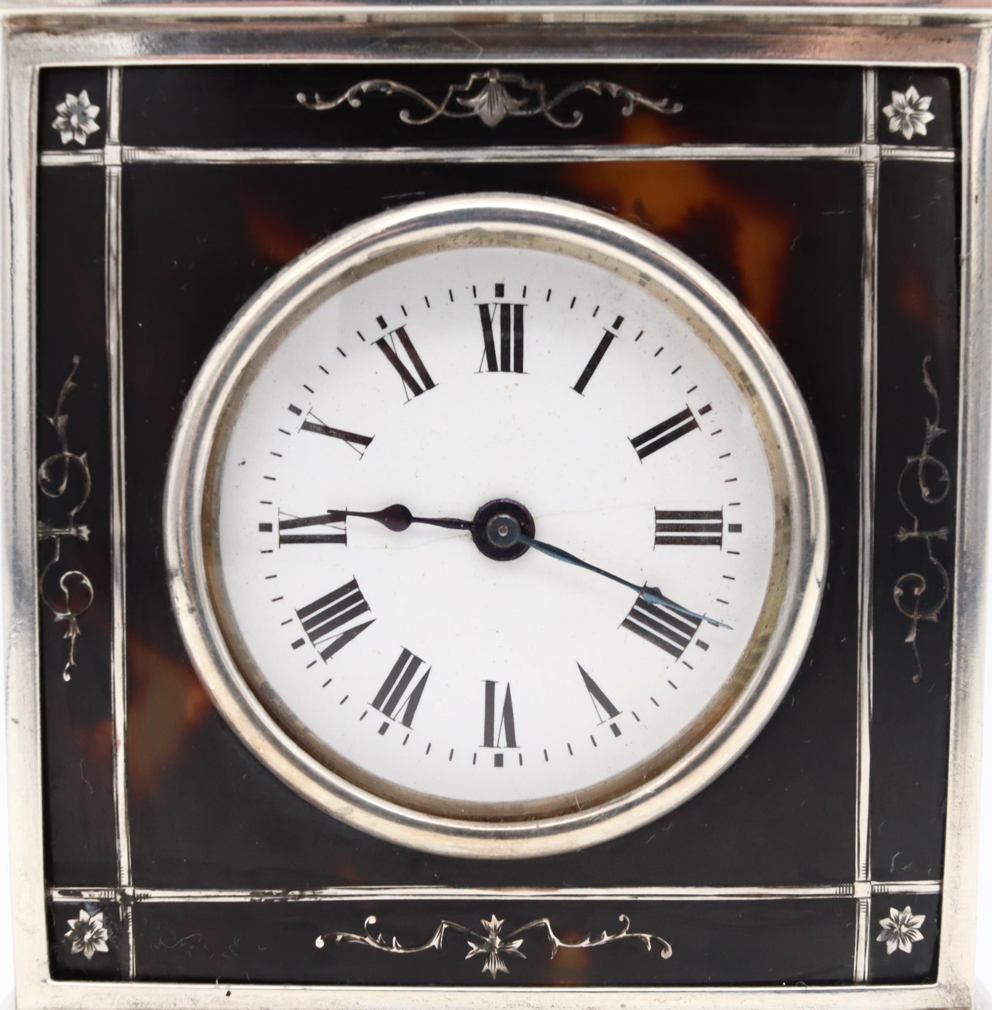 Silver Charles & Richard Comyns 1920 London Neo Classic Carriage Table Clock in Sterlin For Sale