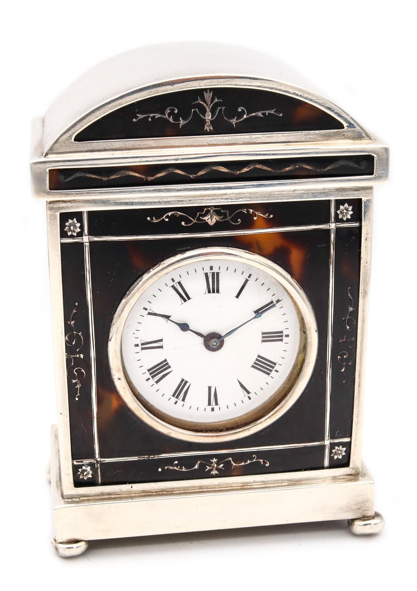 Charles & Richard Comyns 1920 London Neo Classic Carriage Table Clock in Sterlin For Sale 1