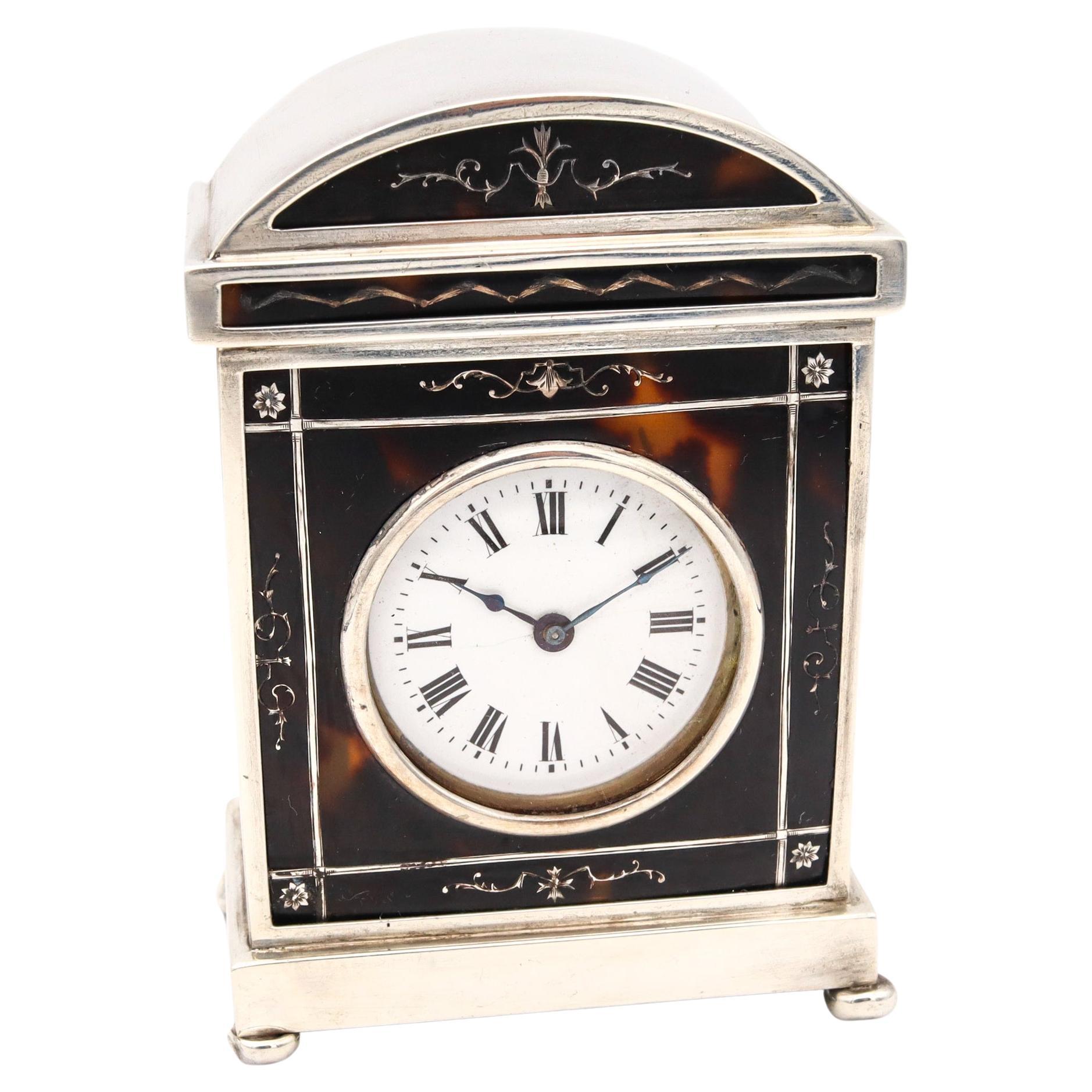 Charles & Richard Comyns 1920 London Neo Classic Carriage Table Clock in Sterlin For Sale