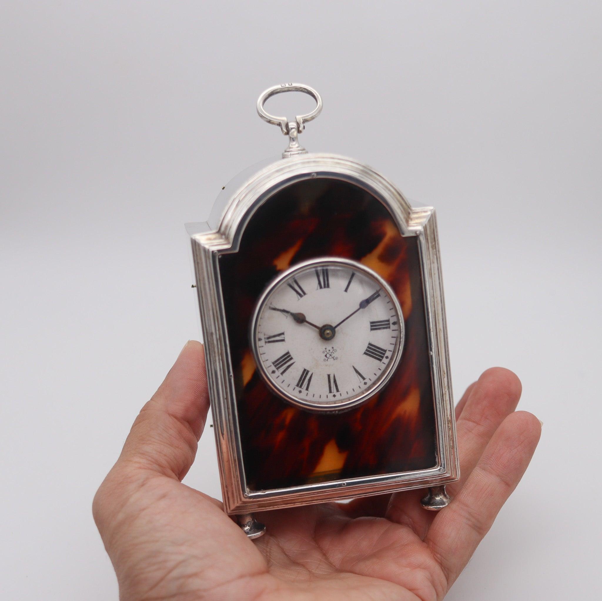 CHARLES & RICHARD COMYNS London 1919 Table Clock In .925 Sterling Shell & Wood For Sale 2
