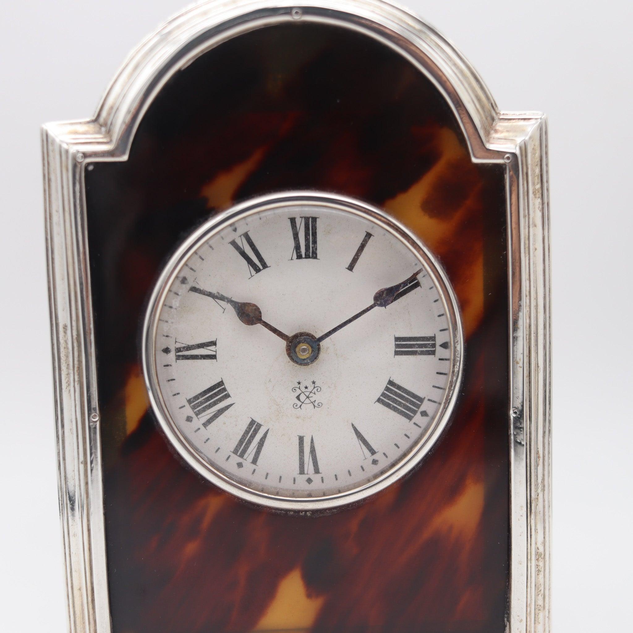 Art Deco CHARLES & RICHARD COMYNS London 1919 Table Clock In .925 Sterling Shell & Wood For Sale