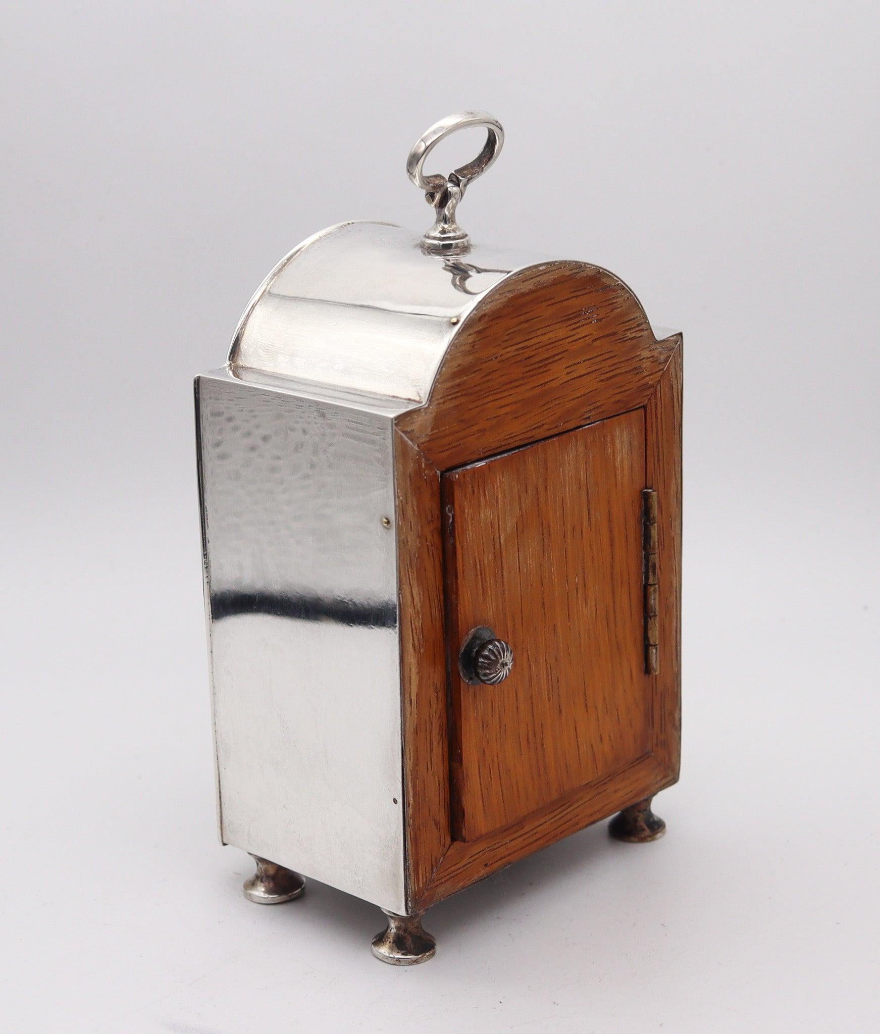 Hand-Crafted CHARLES & RICHARD COMYNS London 1919 Table Clock In .925 Sterling Shell & Wood For Sale
