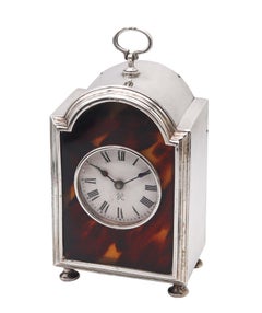 CHARLES & RICHARD COMYNS London 1919 Table Clock In .925 Sterling Shell & Wood