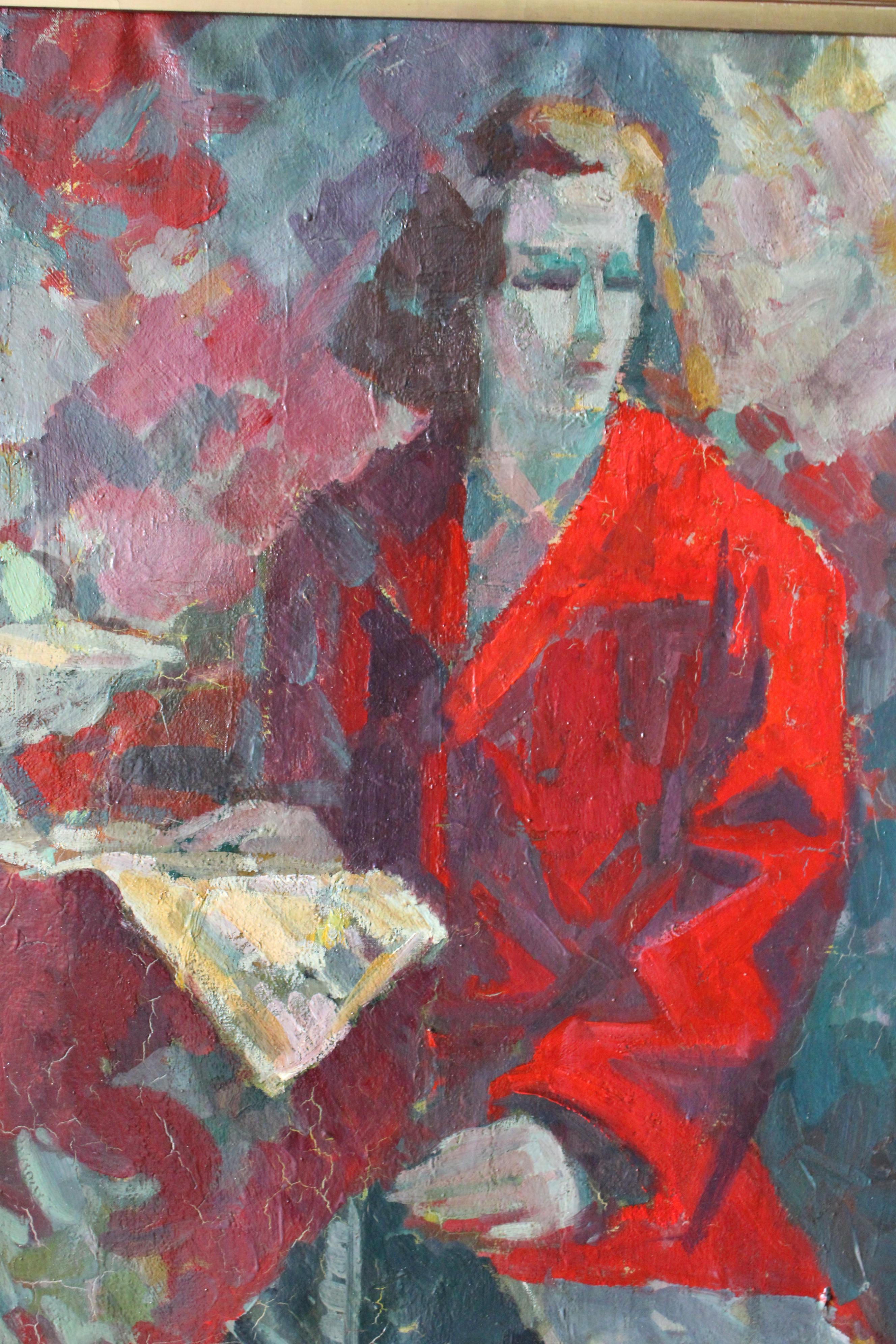 Colorato dipinto a olio post-impressionista di una donna dell'artista francese Charles Charles Bellenfant (1896-1983).  La donna in rosso, firmata e datata in basso a destra, 1943. Una donna indossa un cappotto rosso mentre siede a leggere un