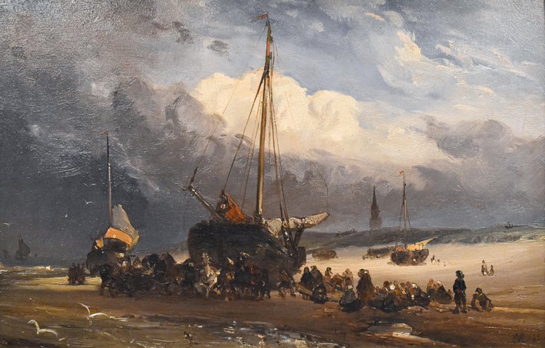 Bomb barge and fisherwomen on the beach - Charles Rochussen - 1845 - Painting by Charles Rochussen