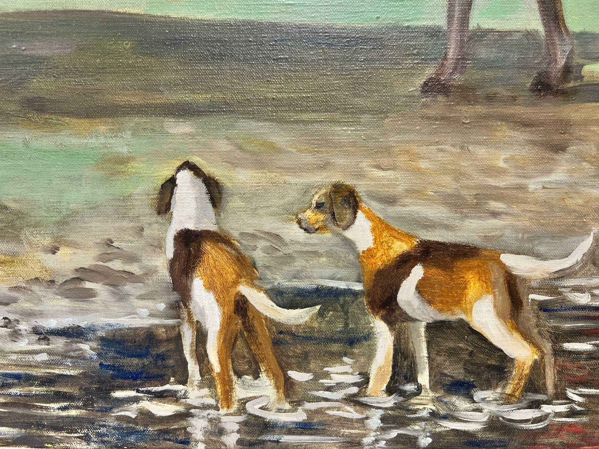 Immense peinture à l'huile d'une scène de chasse britannique Chasseur à cheval en manteau rouge et chiens courants en vente 6