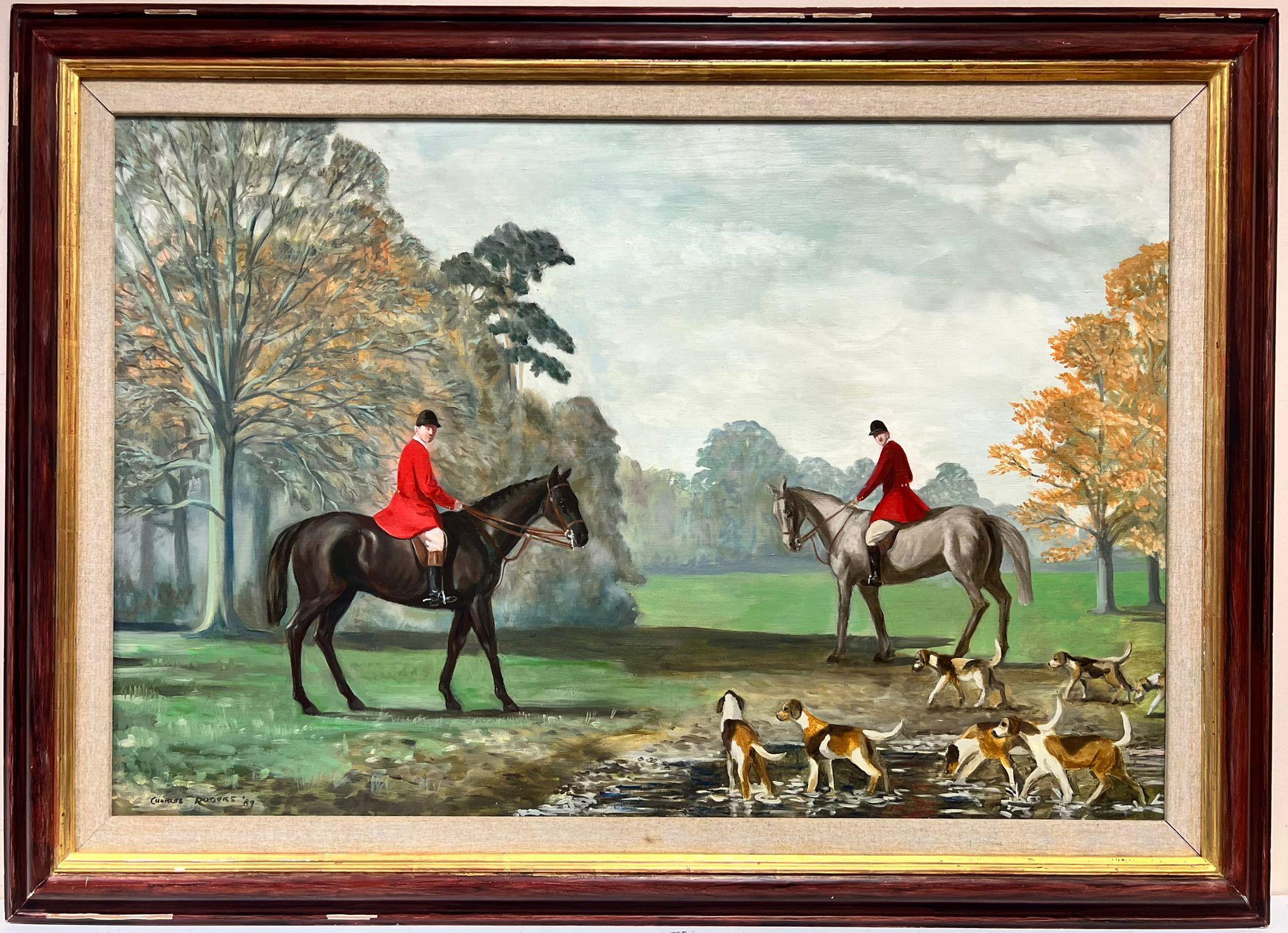Immense peinture à l'huile d'une scène de chasse britannique Chasseur à cheval en manteau rouge et chiens courants - Painting de Charles Rodger