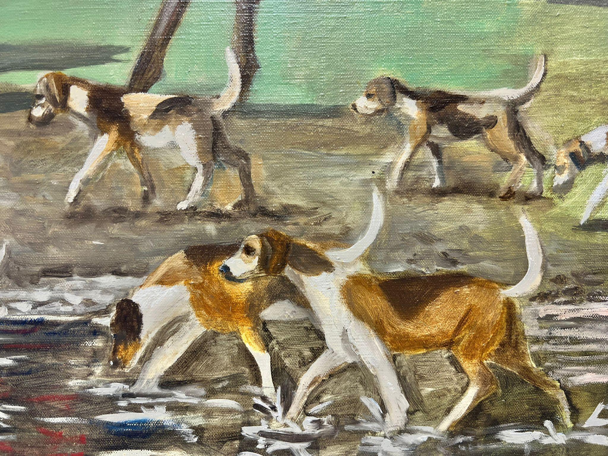 Immense peinture à l'huile d'une scène de chasse britannique Chasseur à cheval en manteau rouge et chiens courants en vente 1
