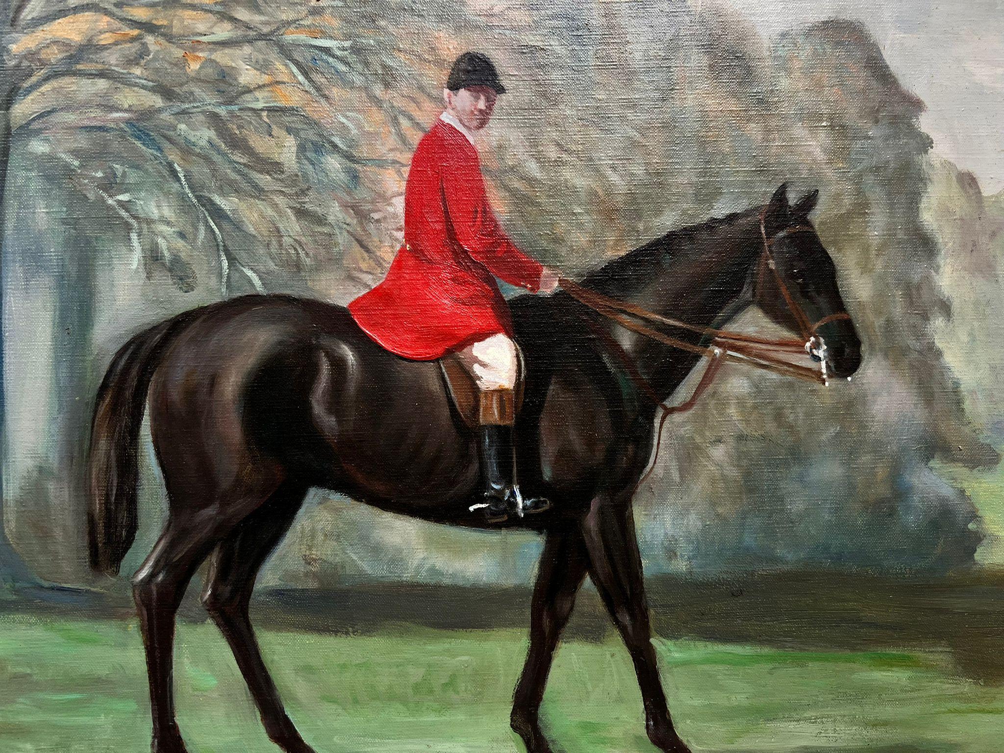 Immense peinture à l'huile d'une scène de chasse britannique Chasseur à cheval en manteau rouge et chiens courants en vente 2