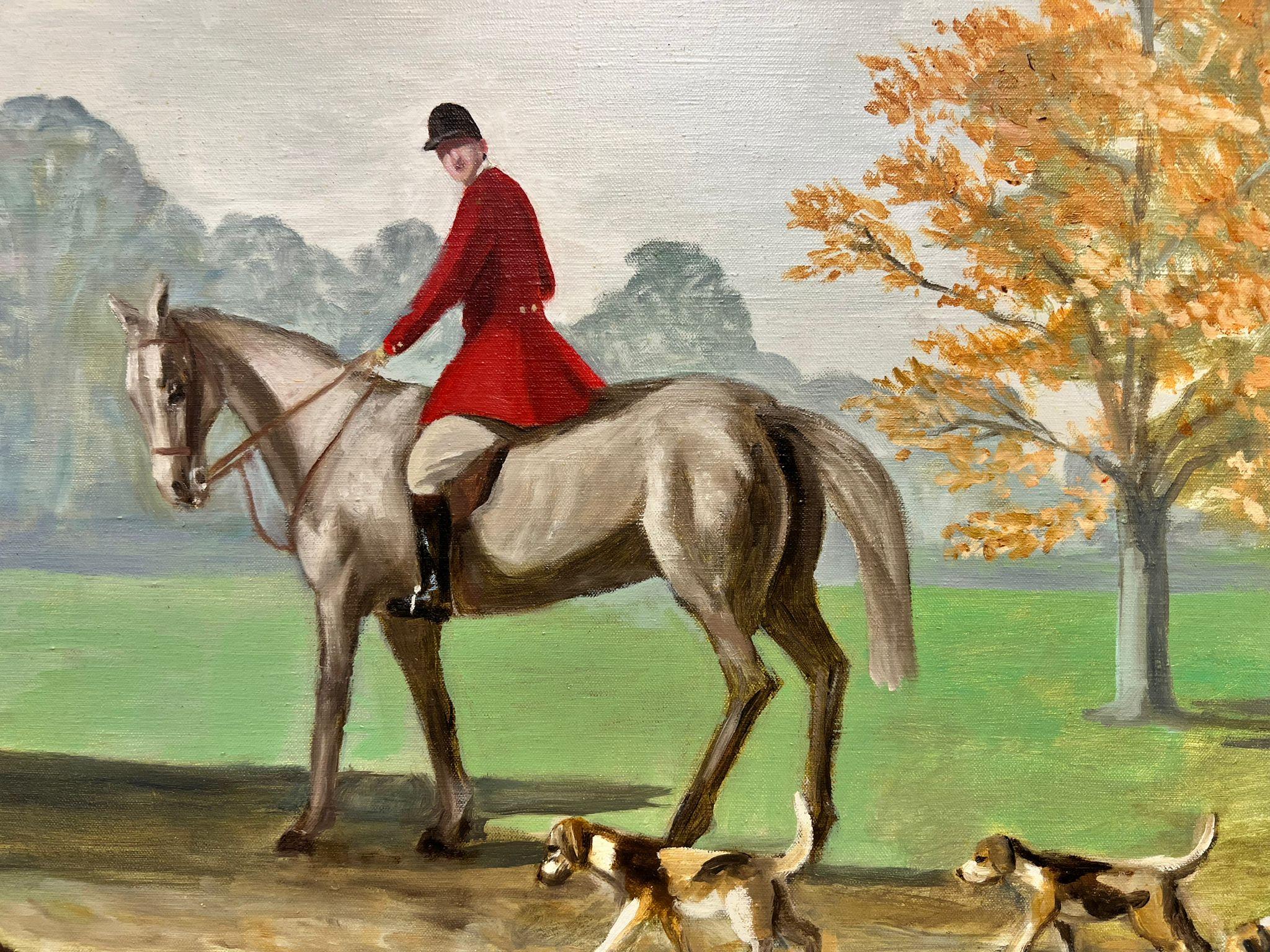 Immense peinture à l'huile d'une scène de chasse britannique Chasseur à cheval en manteau rouge et chiens courants en vente 4