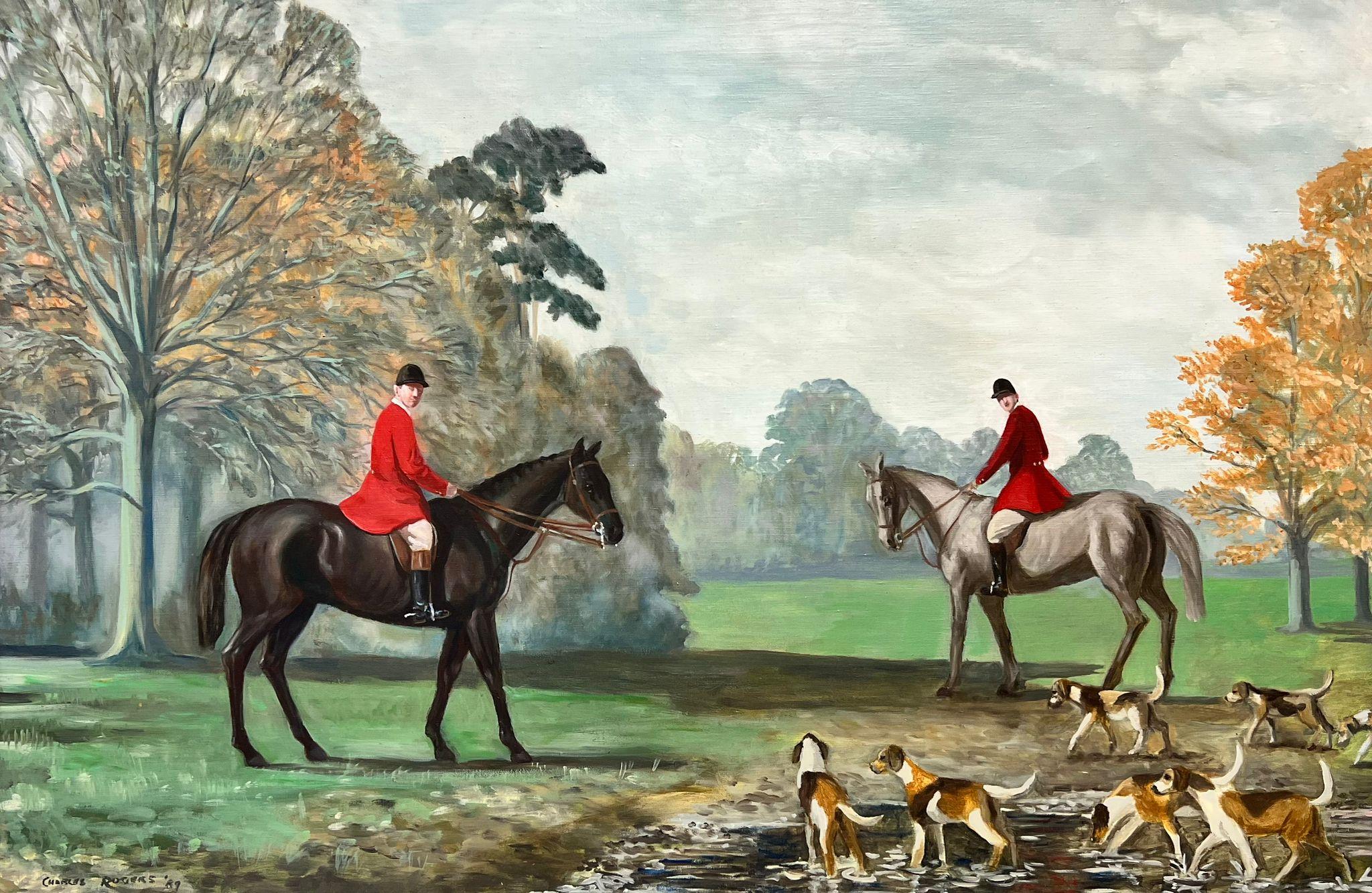 Landscape Painting Charles Rodger - Immense peinture à l'huile d'une scène de chasse britannique Chasseur à cheval en manteau rouge et chiens courants
