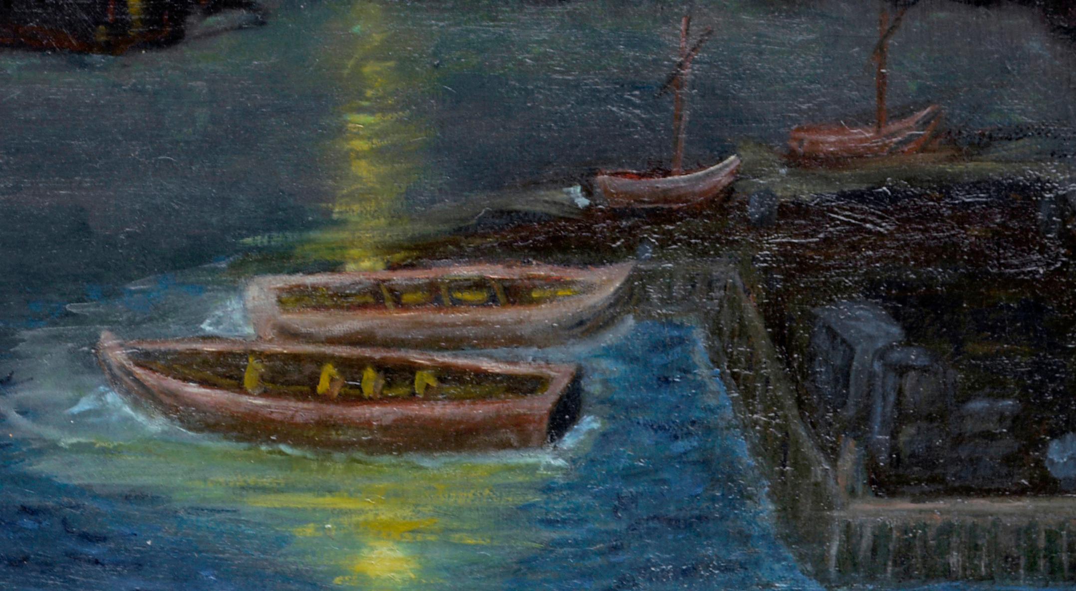 Moonlit-Hausboote in Greenbrae Lagoon – seltenes, unkonventionelles L/S, Charles Rollo Peters im Angebot 9