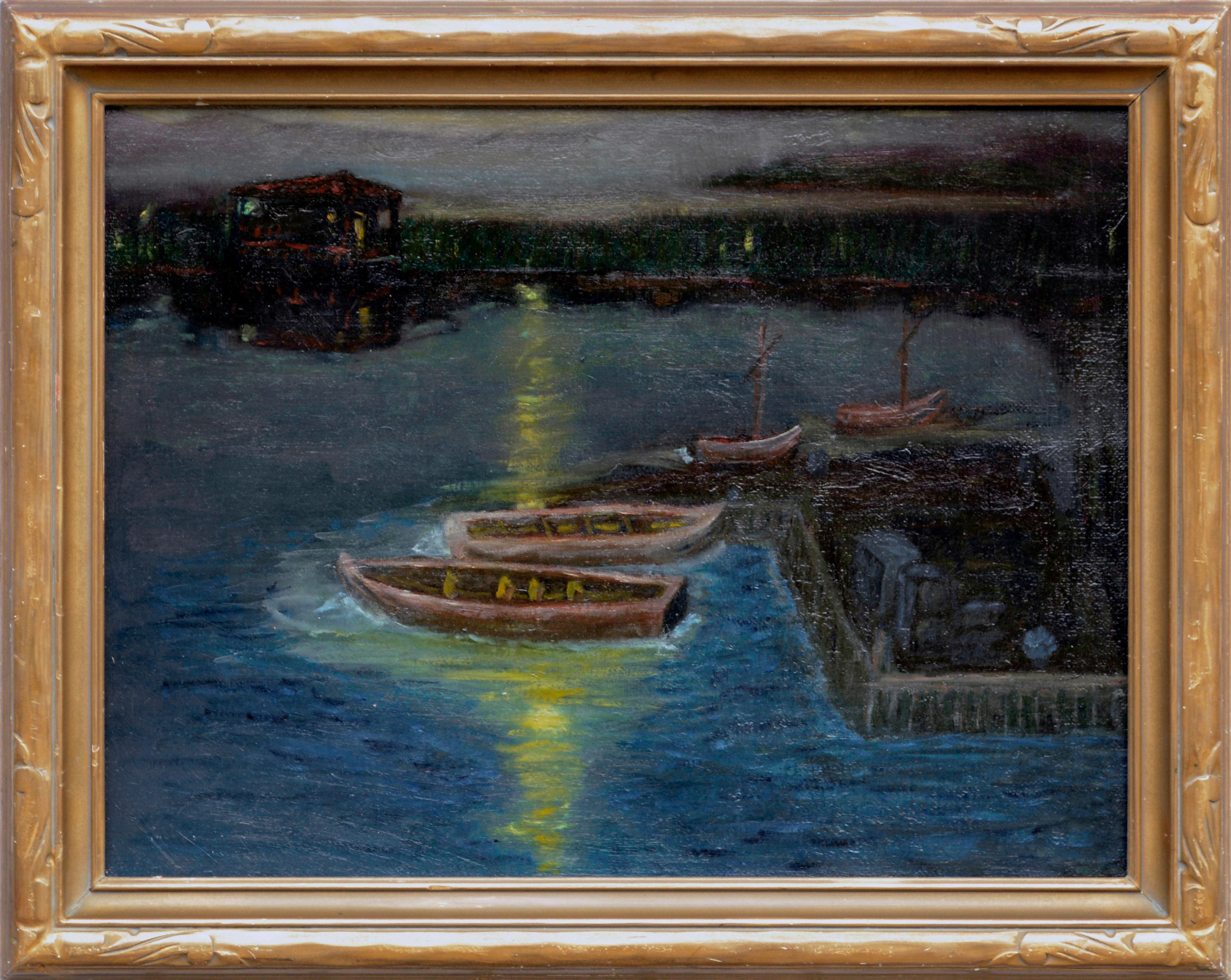 Moonlit-Hausboote in Greenbrae Lagoon – seltenes, unkonventionelles L/S, Charles Rollo Peters im Angebot 1
