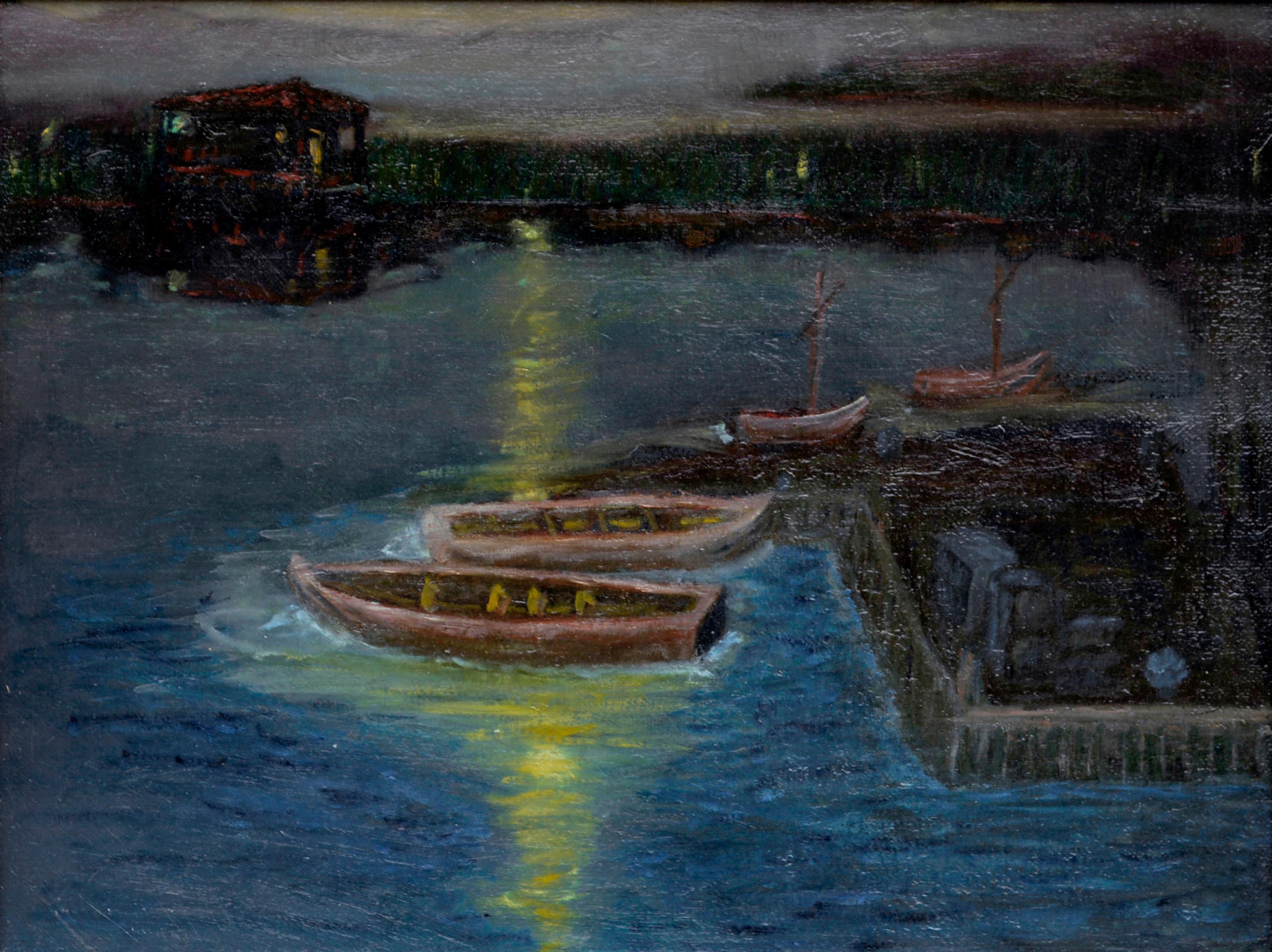 Moonlit-Hausboote in Greenbrae Lagoon – seltenes, unkonventionelles L/S, Charles Rollo Peters im Angebot 7