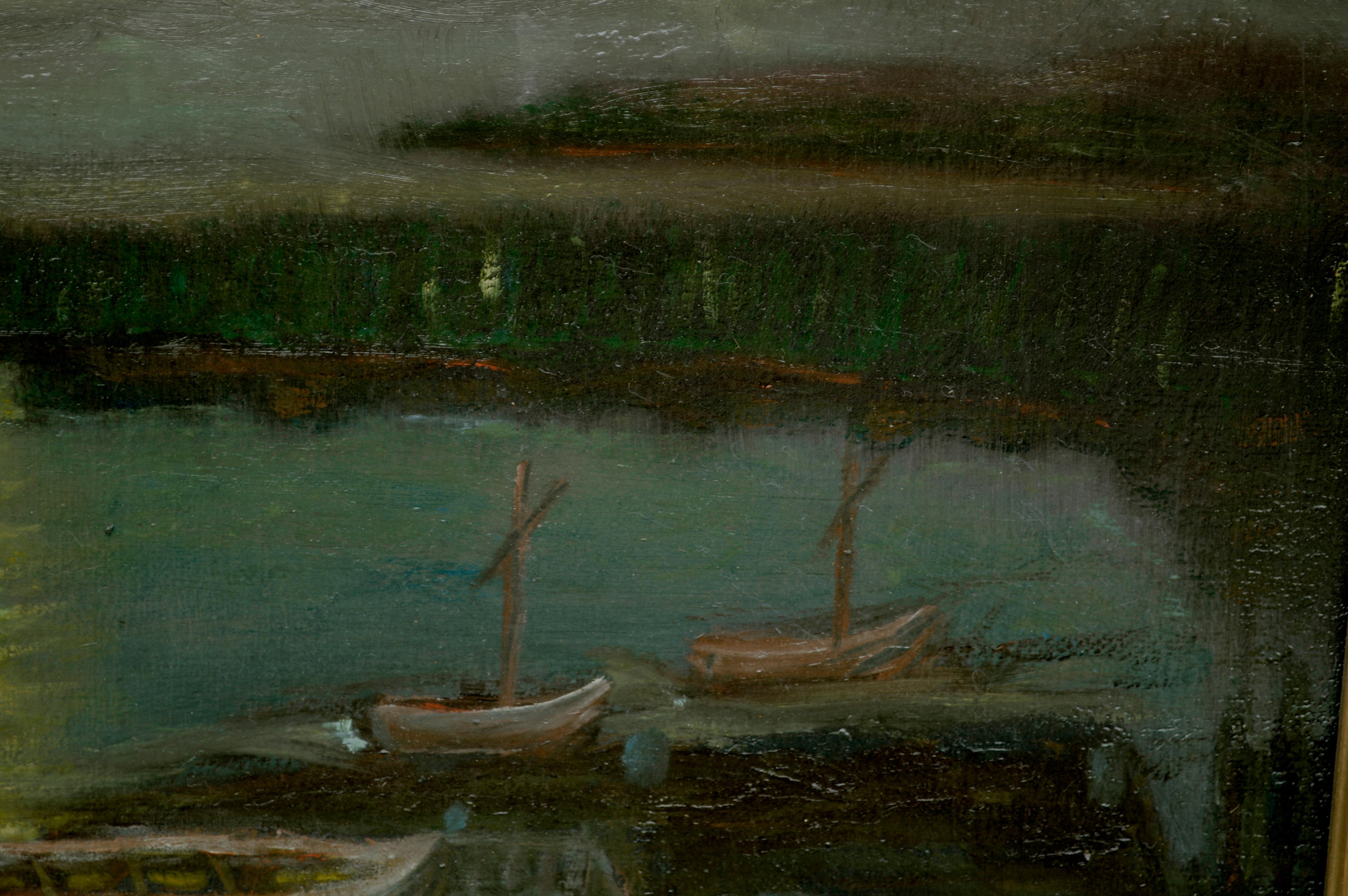 Moonlit-Hausboote in Greenbrae Lagoon – seltenes, unkonventionelles L/S, Charles Rollo Peters im Angebot 8