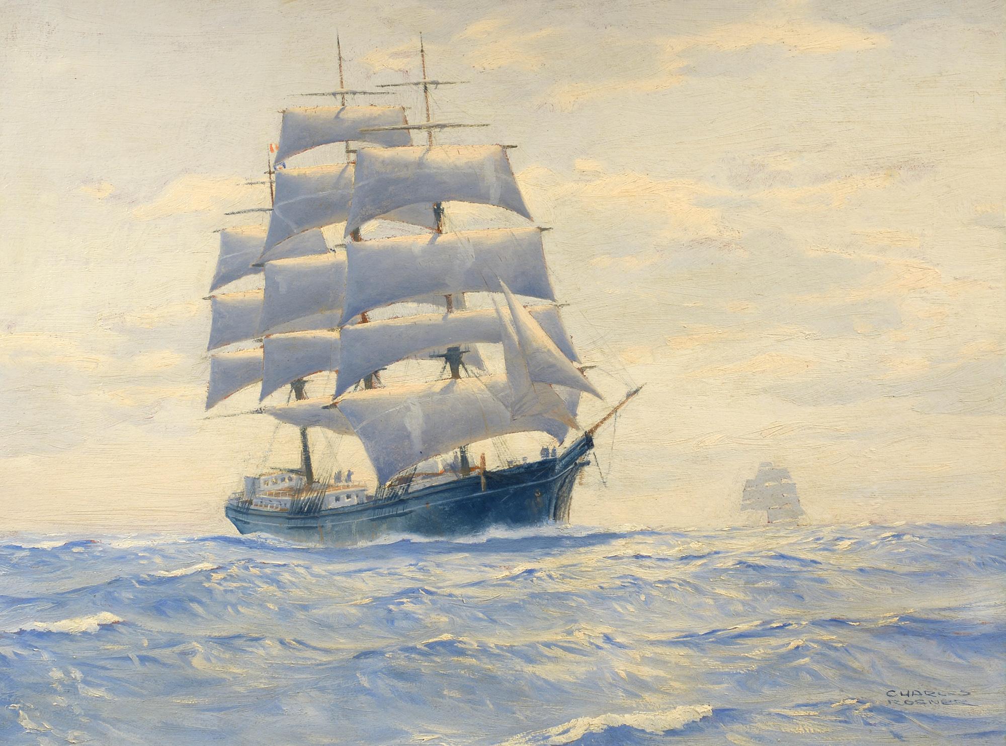 Charles Rosner Landscape Painting - "Misty Morning on the High Seas, " seascape, tall ships, marine, oil , realism