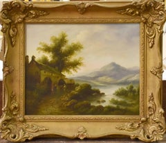 Anciennes peintures à l'huile écossaises représentant des chevaux dans un paysage de Loch Highland