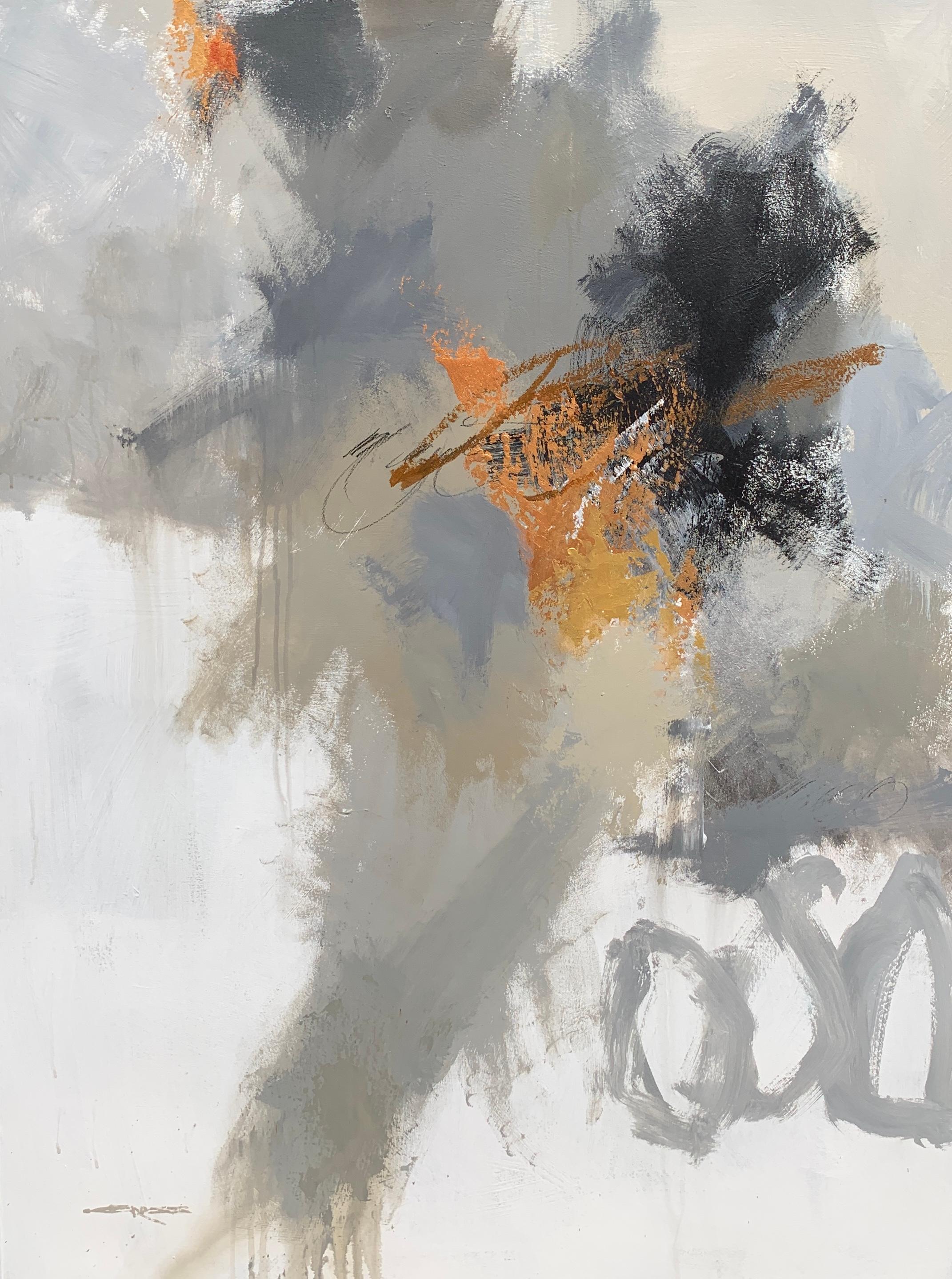 'Chelsea Cool I' is an oil and mixed media on canvas abstract painting of vertical format created by American artist Charles Ross in 2019. Featuring a palette mostly made of grey, black, brown and orange tonalities, this abstract painting exudes an