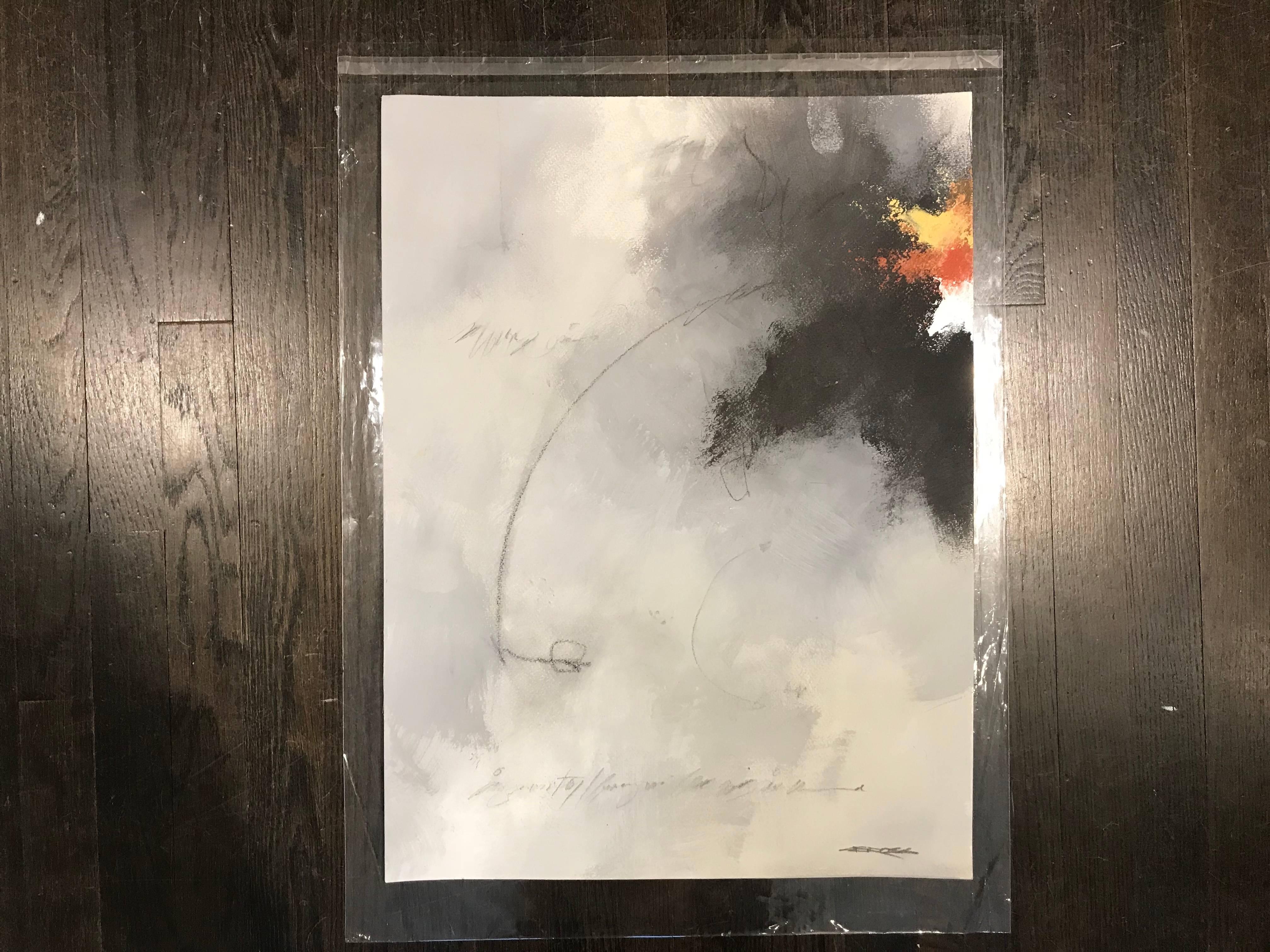 This vertical abstract painting on paper titled 