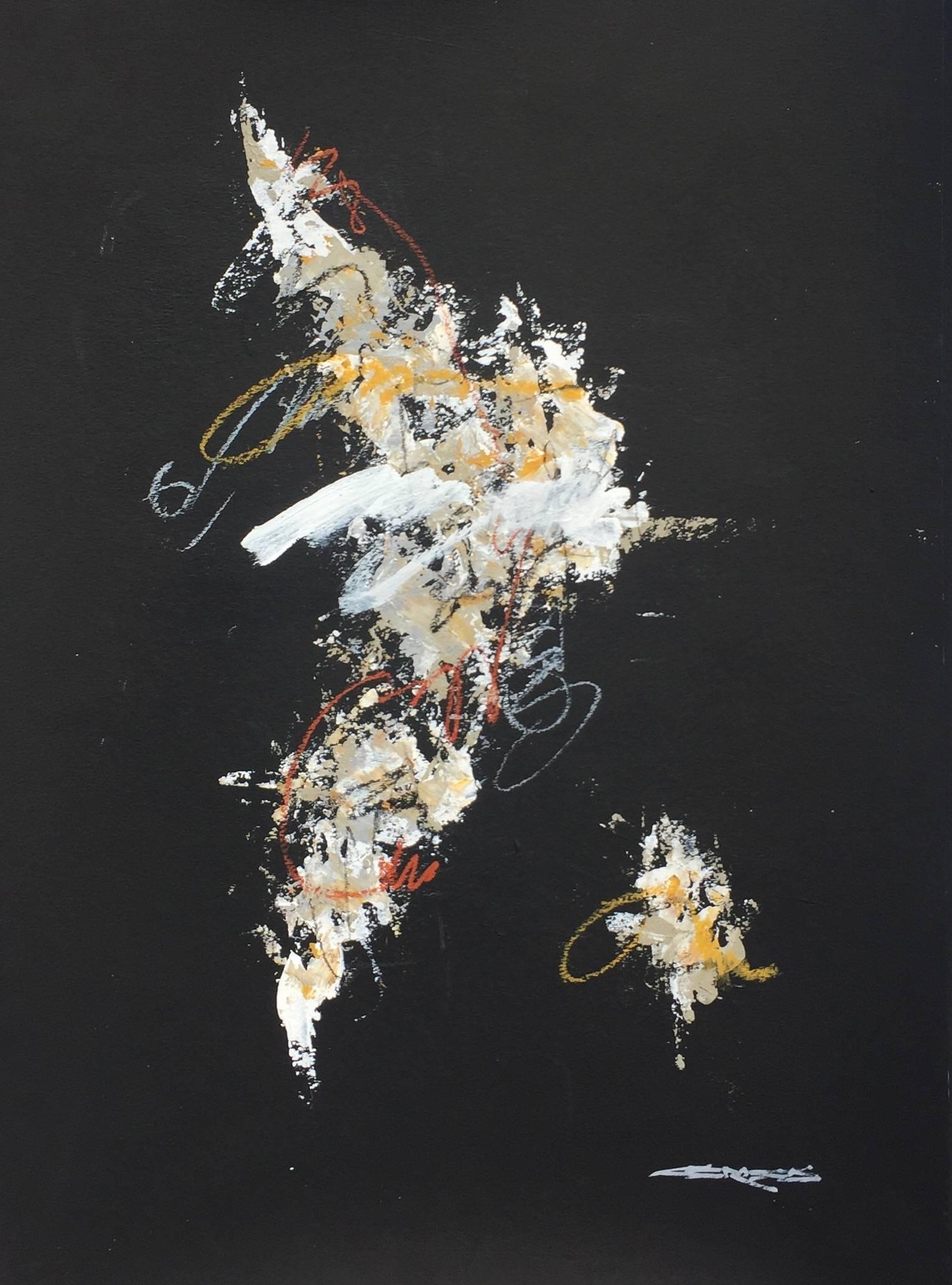 This vertical abstract painting on paper titled "Noir II" by American artist Charles Ross has a palette of gray, white, black, red and a golden yellow.  The artist signed this piece on the bottom right and on the back.  The artist has taken a white