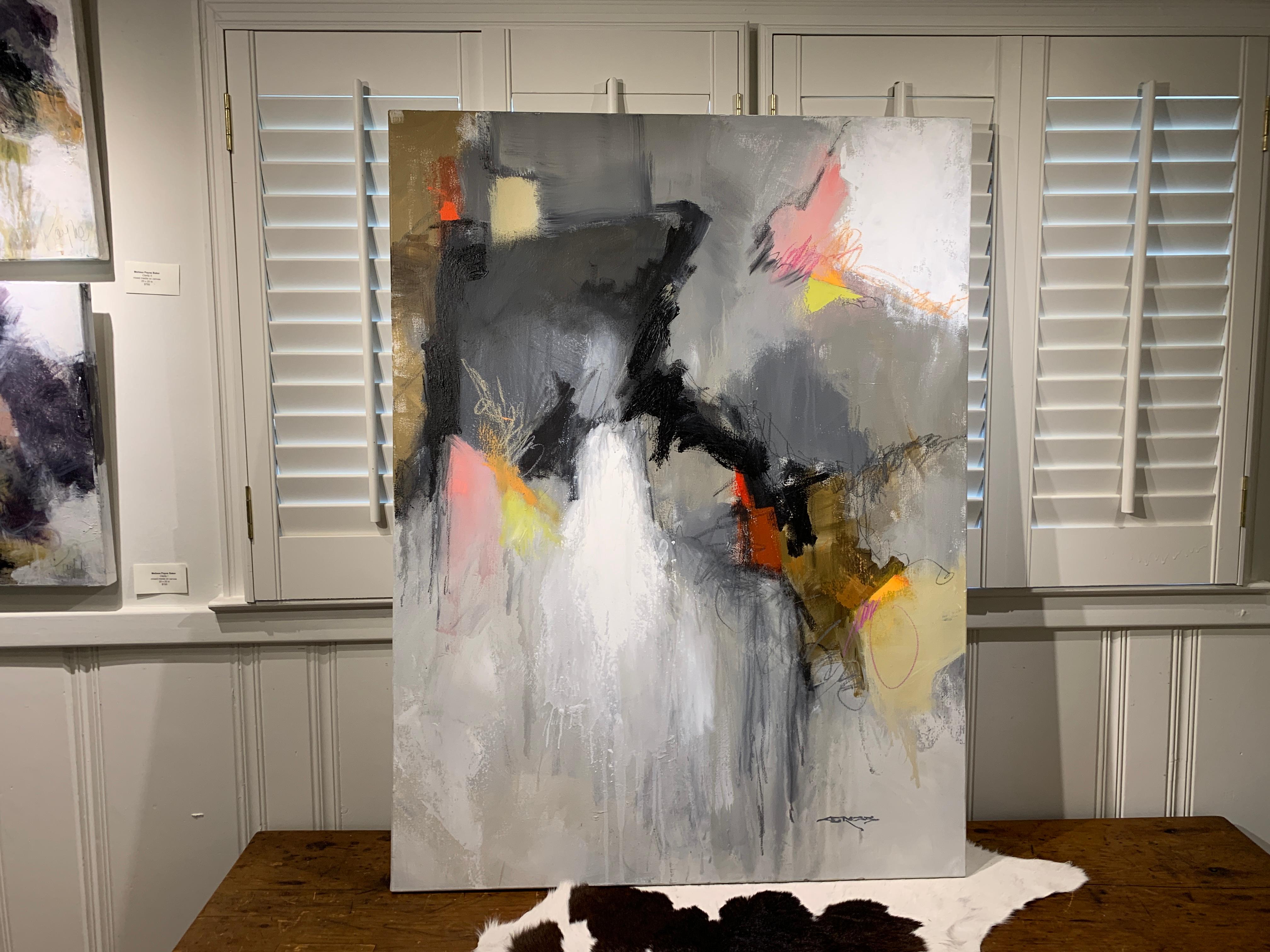 'Rust and Stardust II' is an oil and mixed media on canvas abstract painting of vertical format created by American artist Charles Ross in 2019. Featuring a palette mostly made of gold, black, white, pink and grey tones among others, this abstract