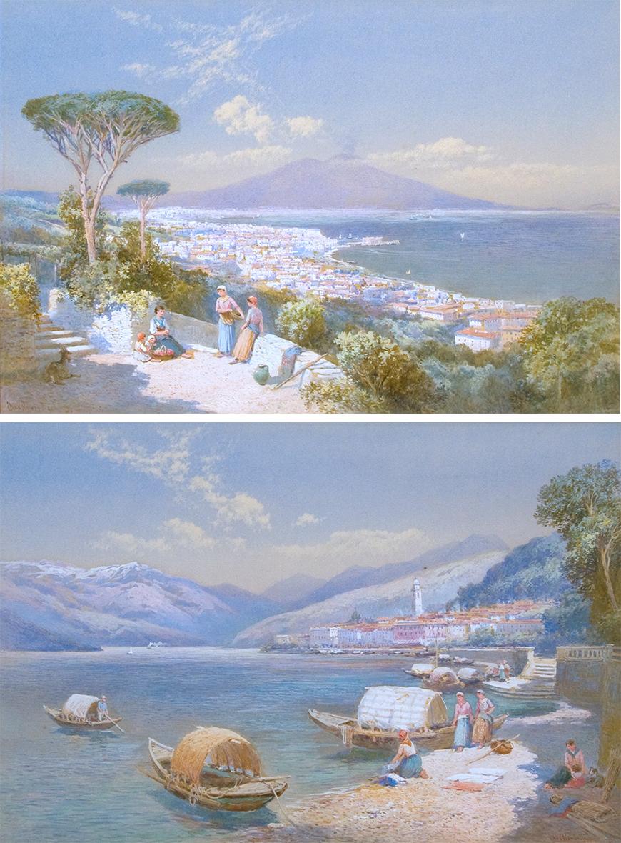 Charles Rowbotham Landscape Painting - View of Bay of Naples; View of Bellagio (Lake Como) -- pair   