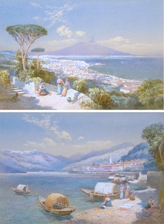 Antique View of Bay of Naples; View of Bellagio (Lake Como) -- pair   