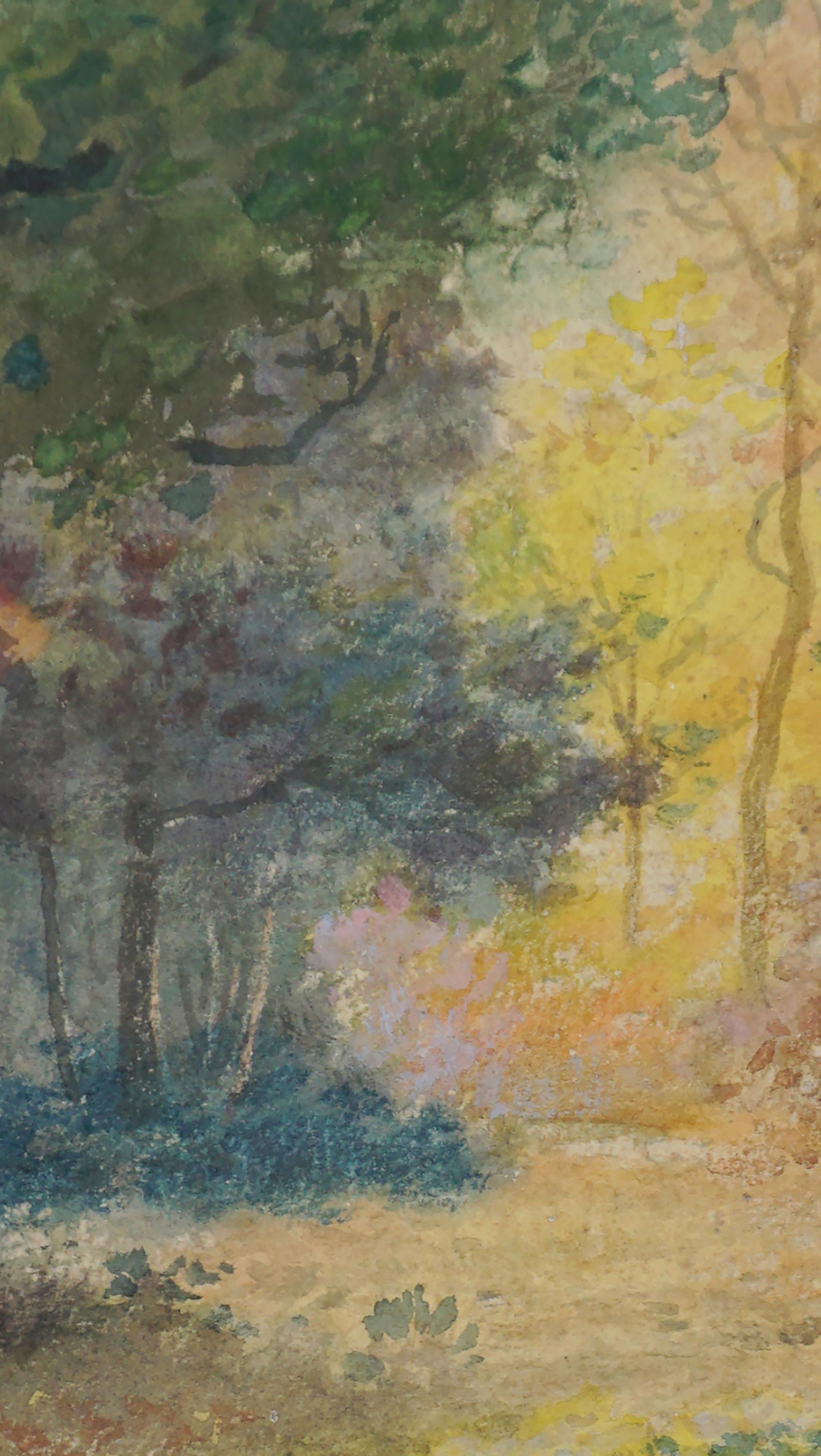Schöne Hudson River School Original Gouache Herbstlandschaft von Charles Russell Loomis (Amerikaner 1857 - 1936), CIRCA 1880, mit lebhaftem Sonnenuntergang im Wald. Warme und kühle Töne mit leuchtenden Farben bieten eine angenehme und anhaltende