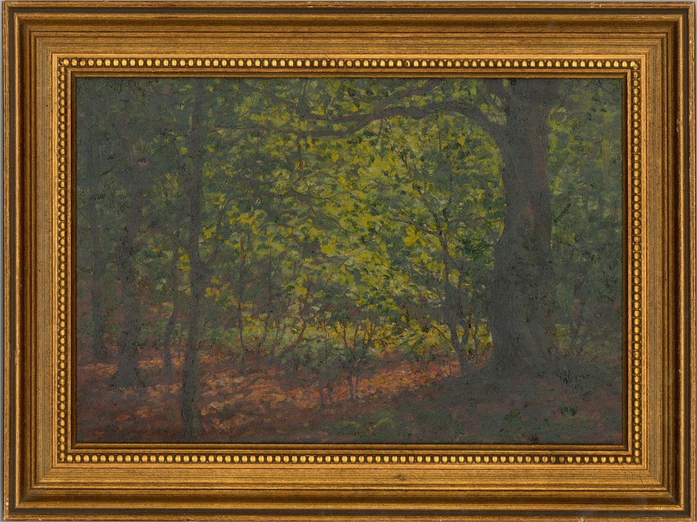 A vibrant impressionistic oil painting of lush trees in spring with fallen leaves carpeting the forest floor. Presented in a distressed gilt-effect wooden frame. Signed to the lower-left edge. On board.
