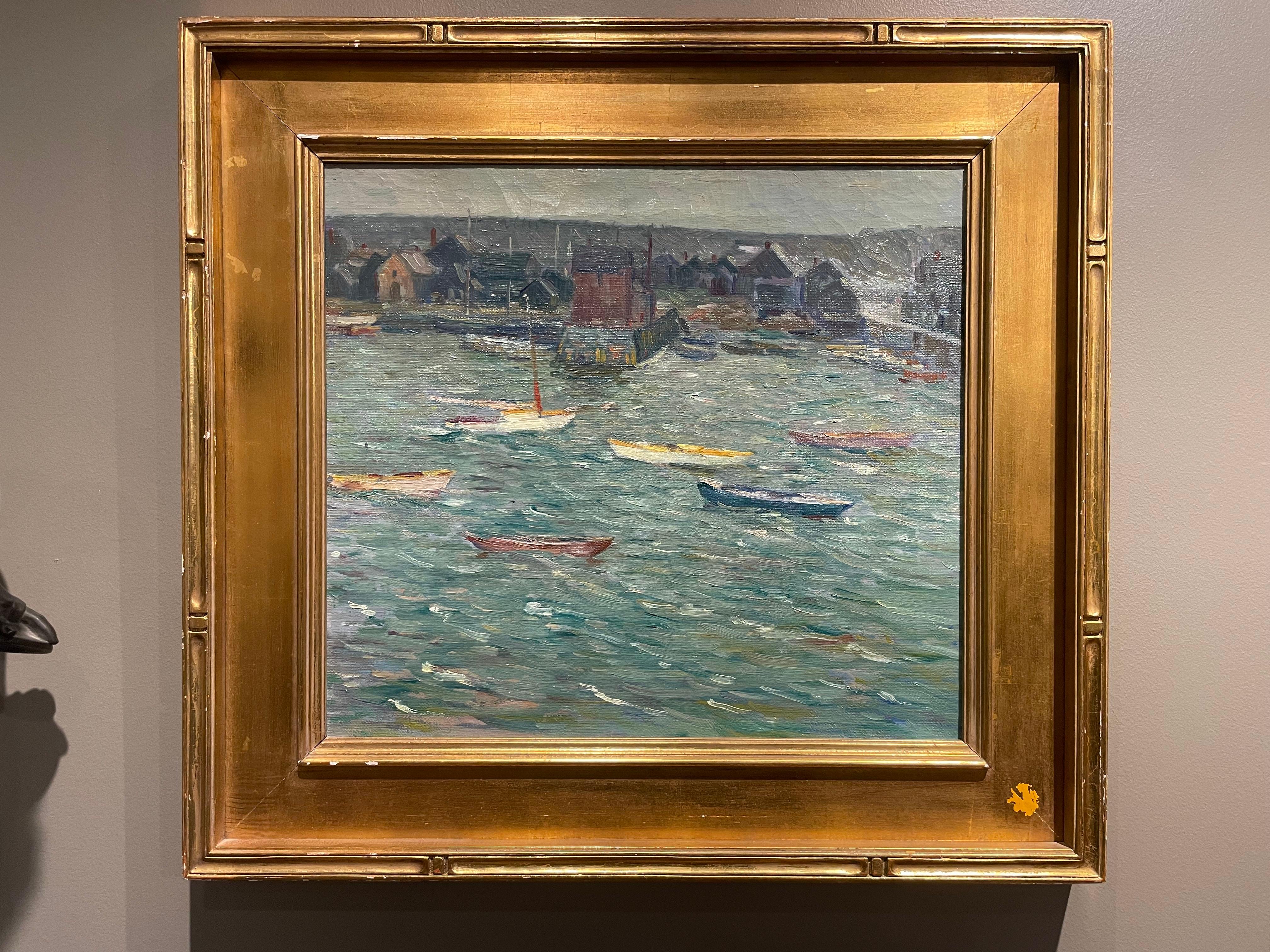 Paisaje marino impresionista de principios del siglo XX, escena de puerto y ciudad en venta 1