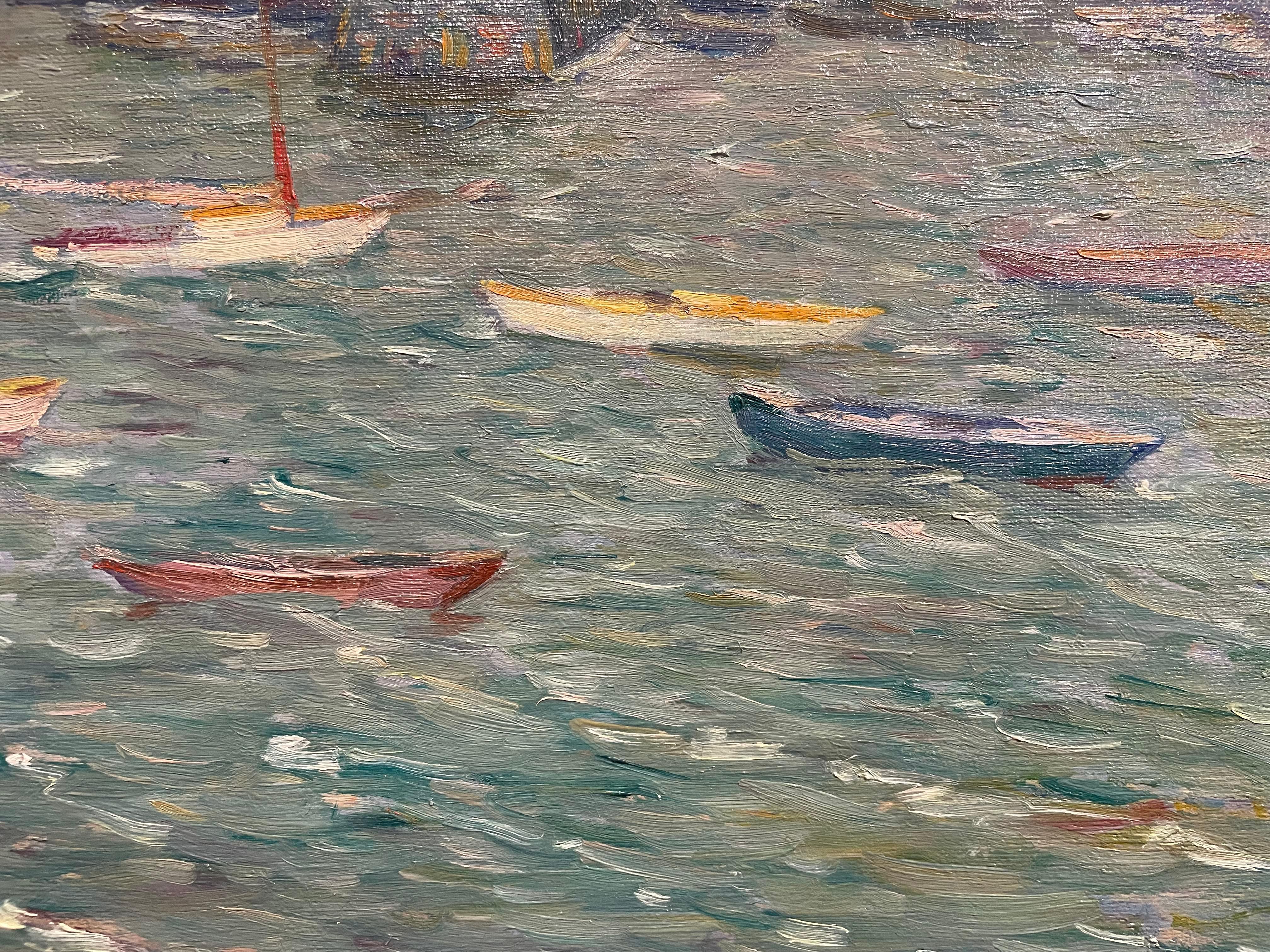 Paisaje marino impresionista de principios del siglo XX, escena de puerto y ciudad en venta 3