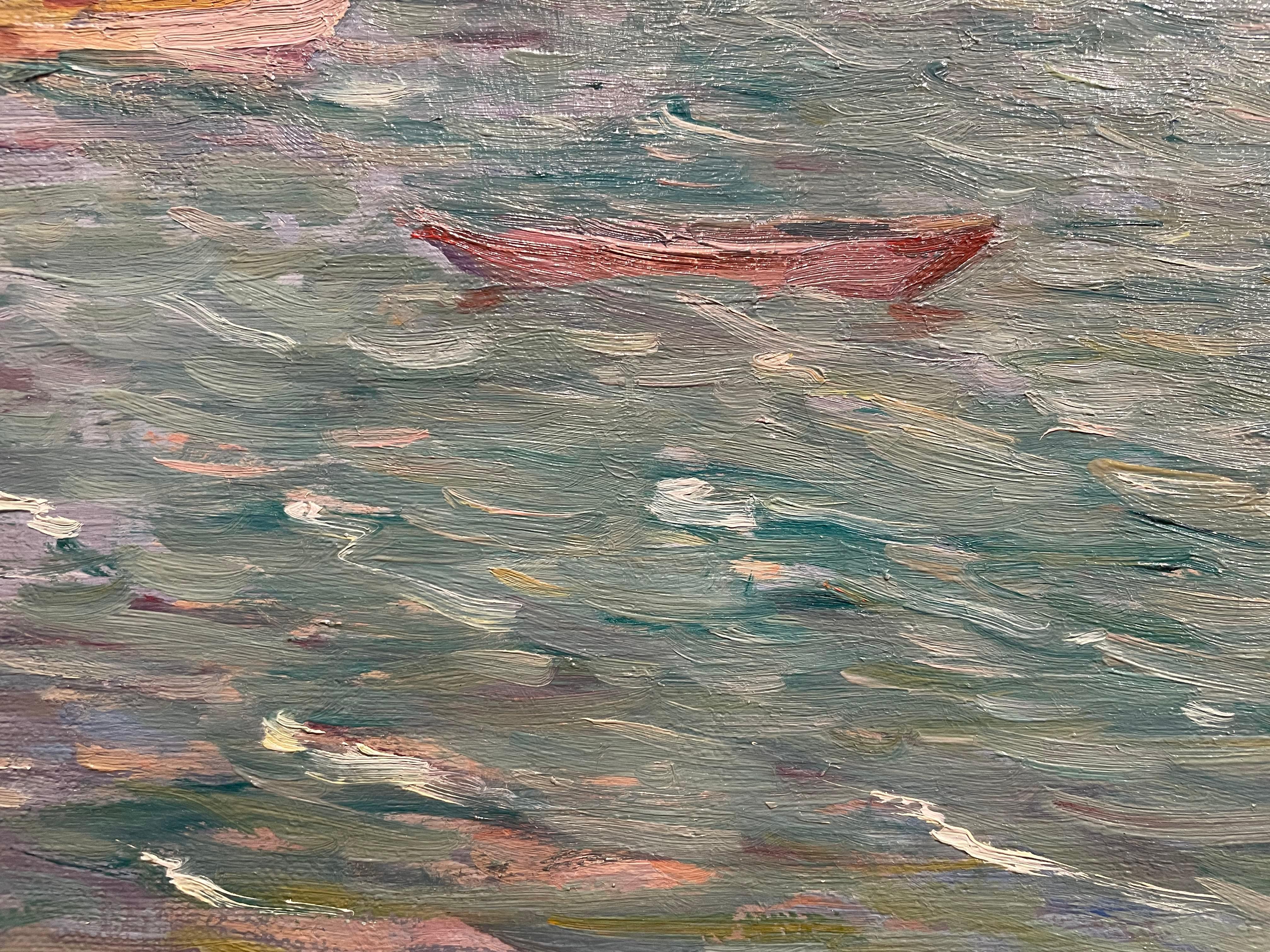 Paisaje marino impresionista de principios del siglo XX, escena de puerto y ciudad en venta 4