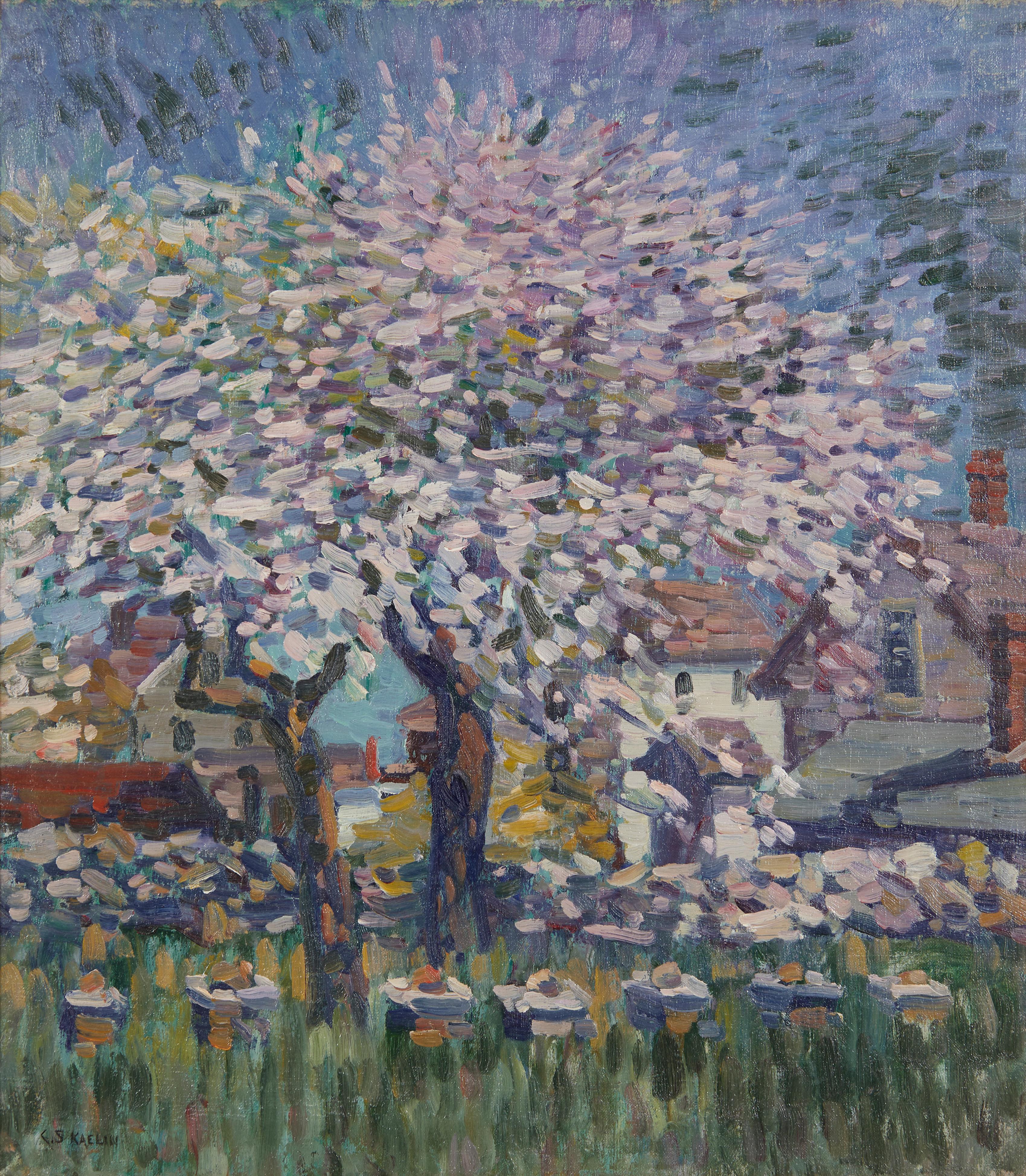 Flowering Tree Backyard Impressionist Landscape – Painting von Charles Salis Kaelin