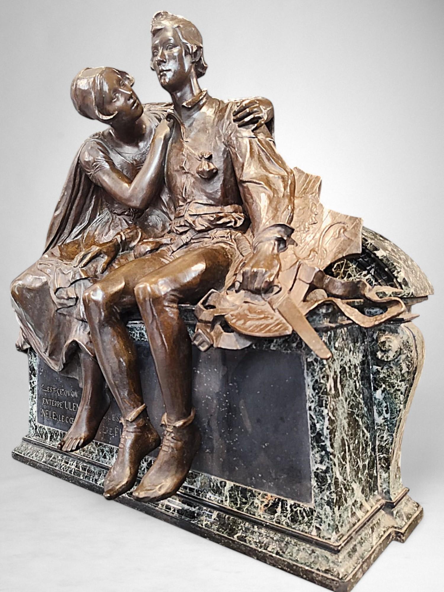 Charles Samuel - Thyl Ulenspiegel et Nele (d'après le Monument à Charles De Coster, 1894) Bronze, socle en marbre, 66 x 61 x 27 cm Fonte par Petermann, Bruxelles Un moment d'intimité et de défi, figé dans le bronze : la réduction par Charles Samuel