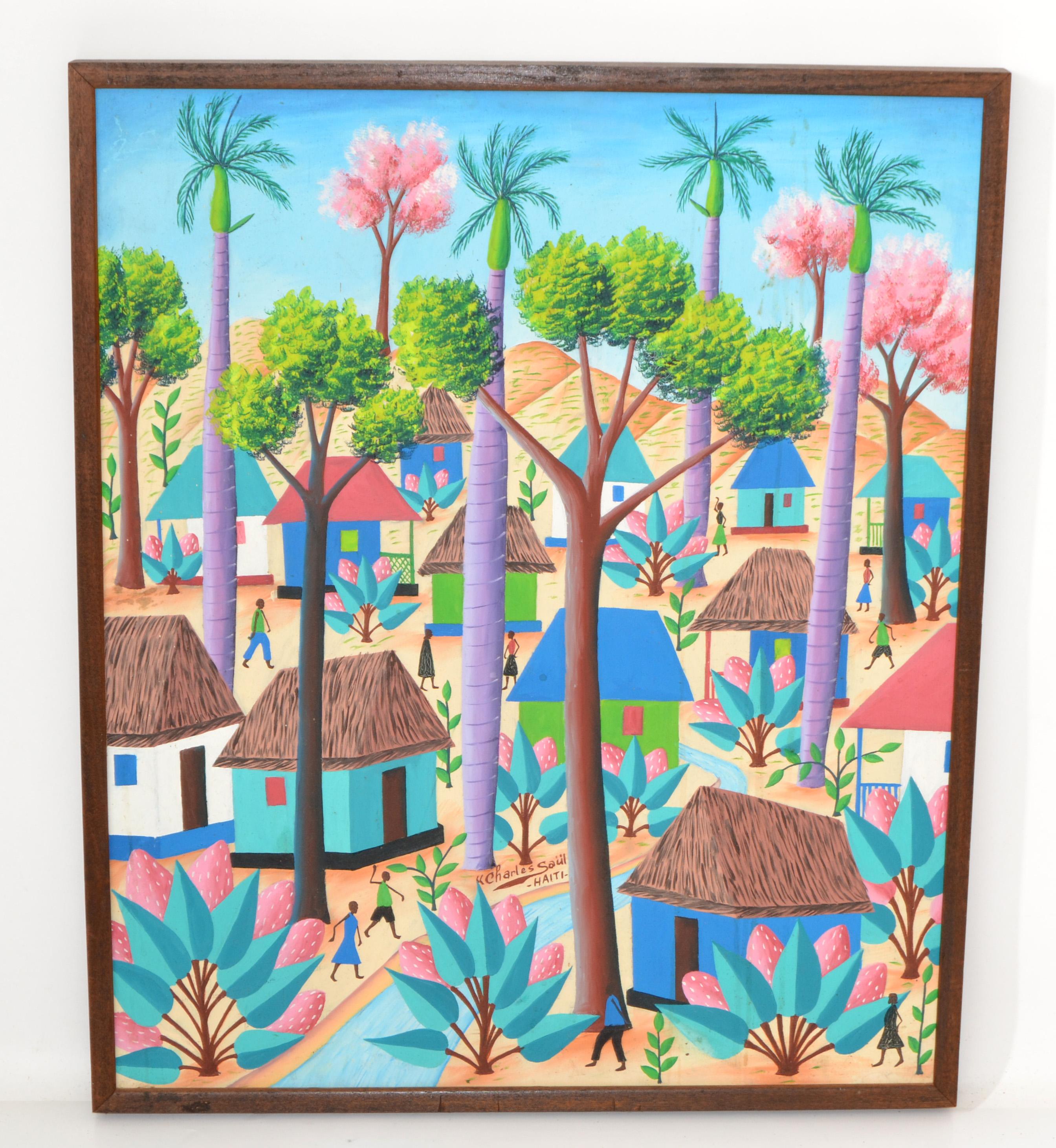 Charles Saül Scène de village haïtien vintage encadrée Peinture acrylique sur toile en vente 1