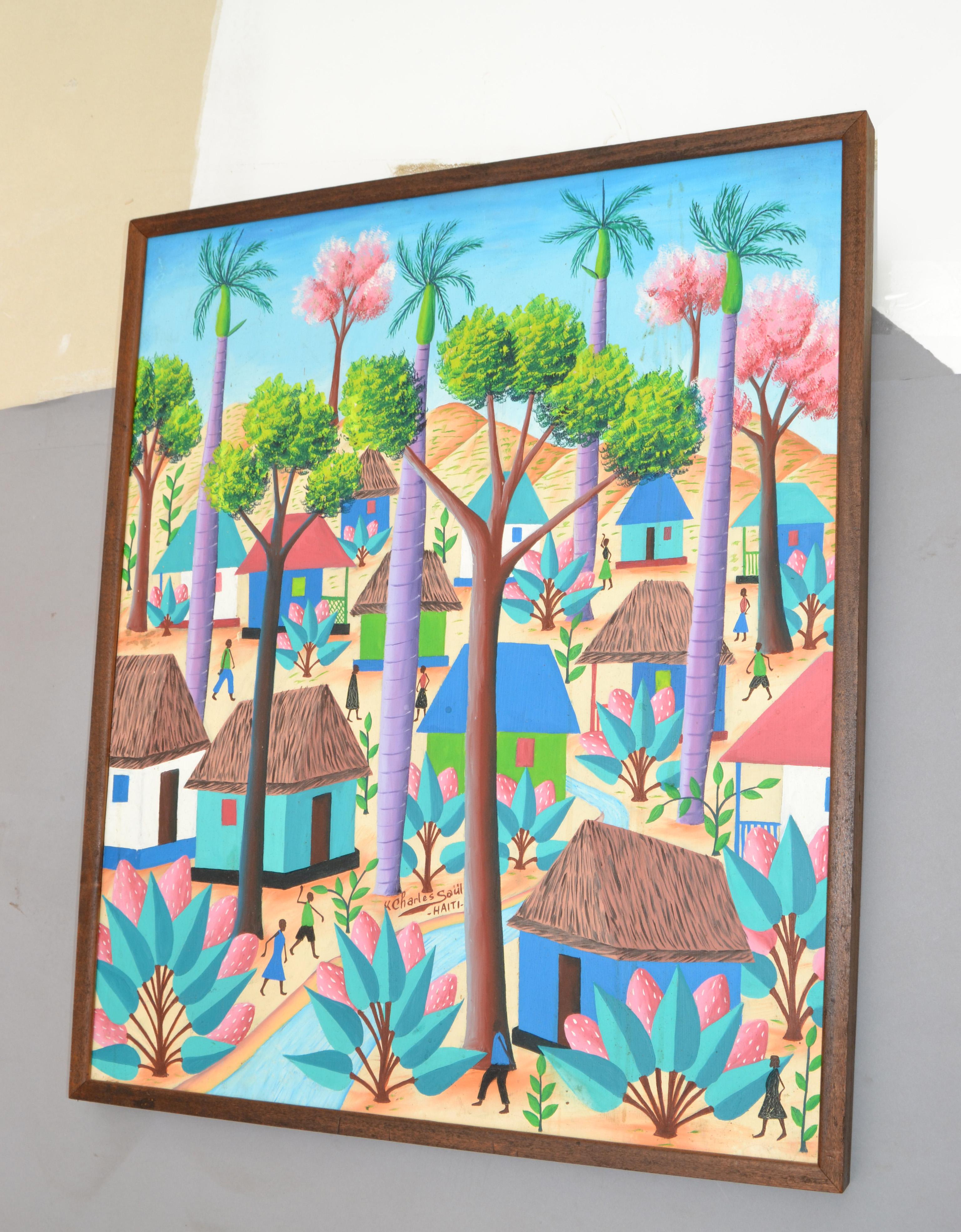 Artisanat Charles Saül Scène de village haïtien vintage encadrée Peinture acrylique sur toile en vente