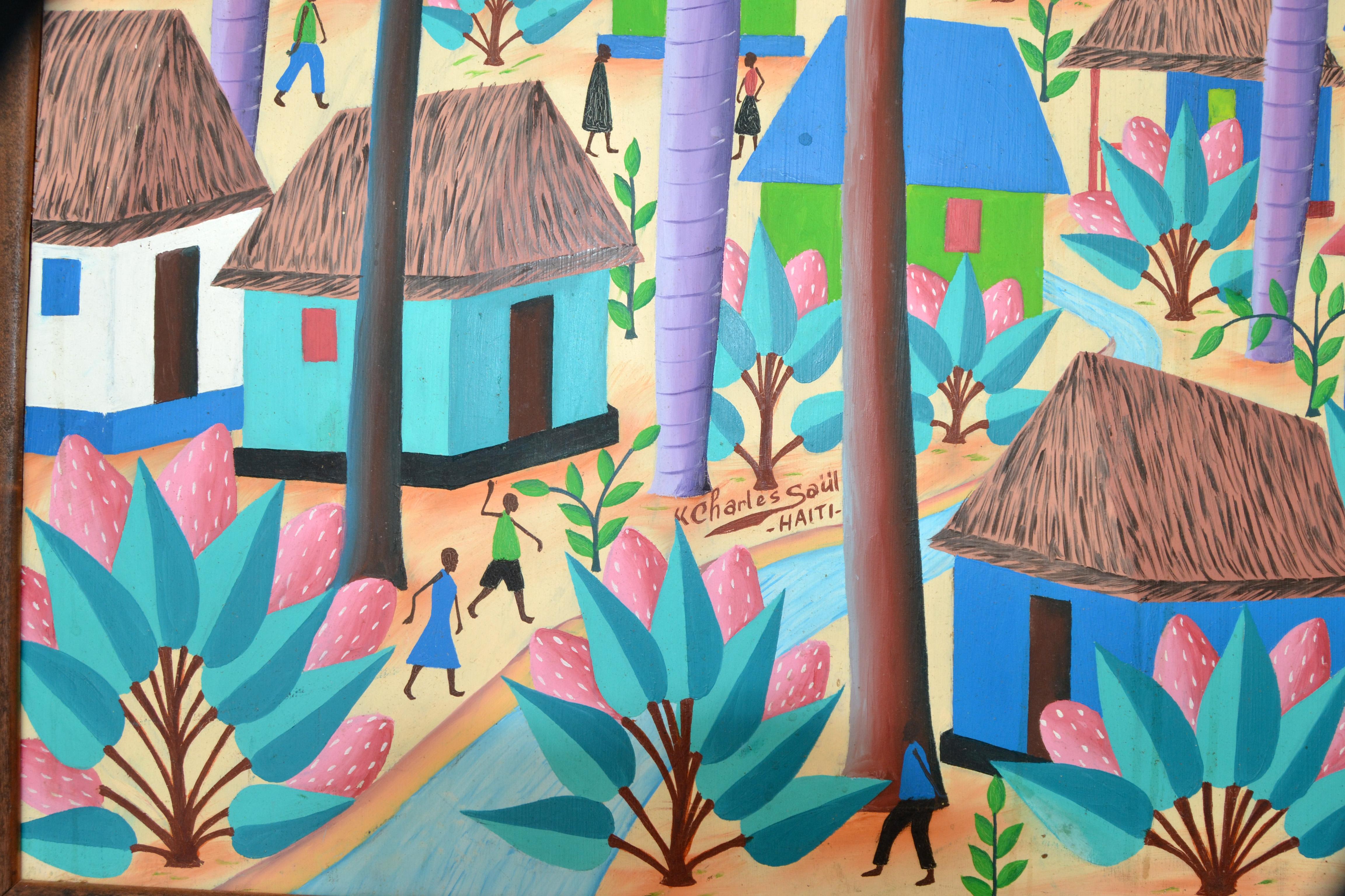 Hand-Painted Charles Saül Framed Haitian Vintage Village Scene Acrylic on Canvas Painting For Sale