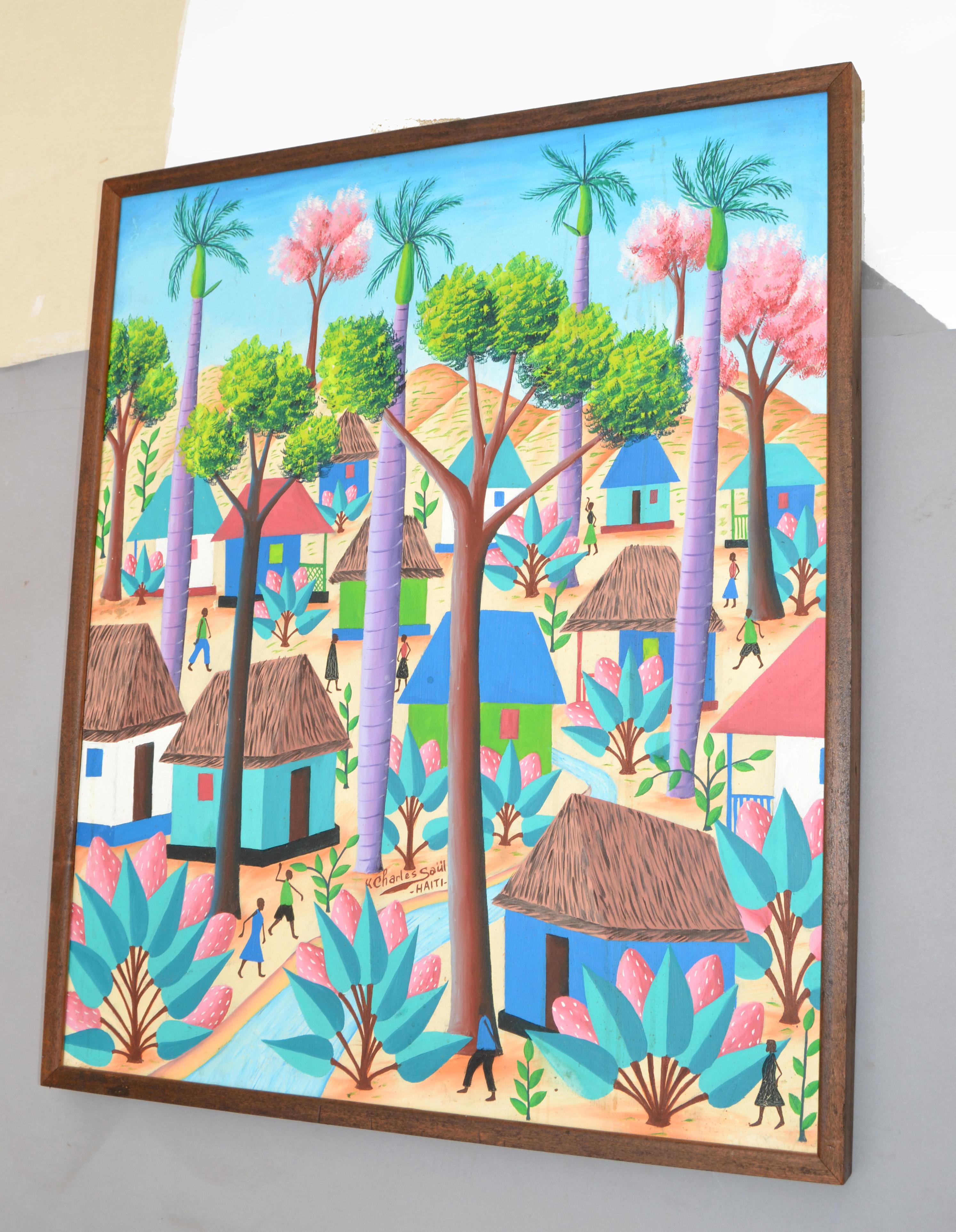 Charles Saül Scène de village haïtien vintage encadrée Peinture acrylique sur toile Bon état - En vente à Miami, FL