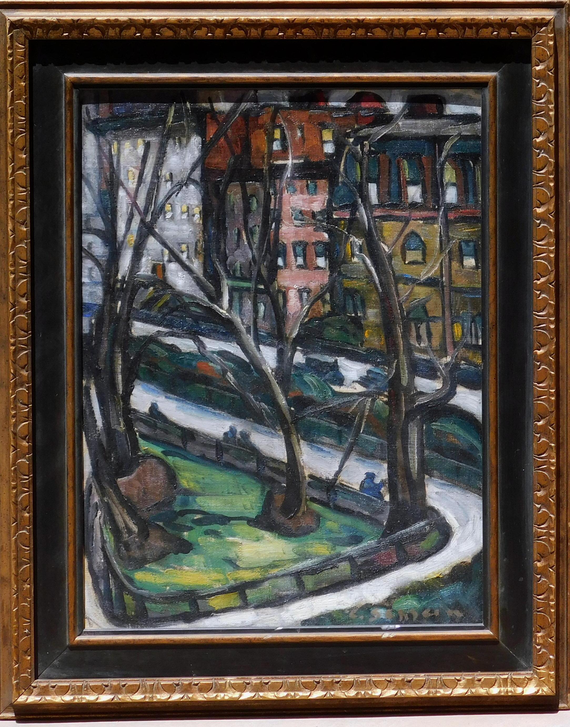 New York subject oil on canvas-board by New York WPA artist Charles Schlein (1899-1988). The image measures 24"h x 18"w. The frame is 31"h x 25"w.
The depression-era work, circa 1930's, is in excellent condition and framed nicely.
This early city