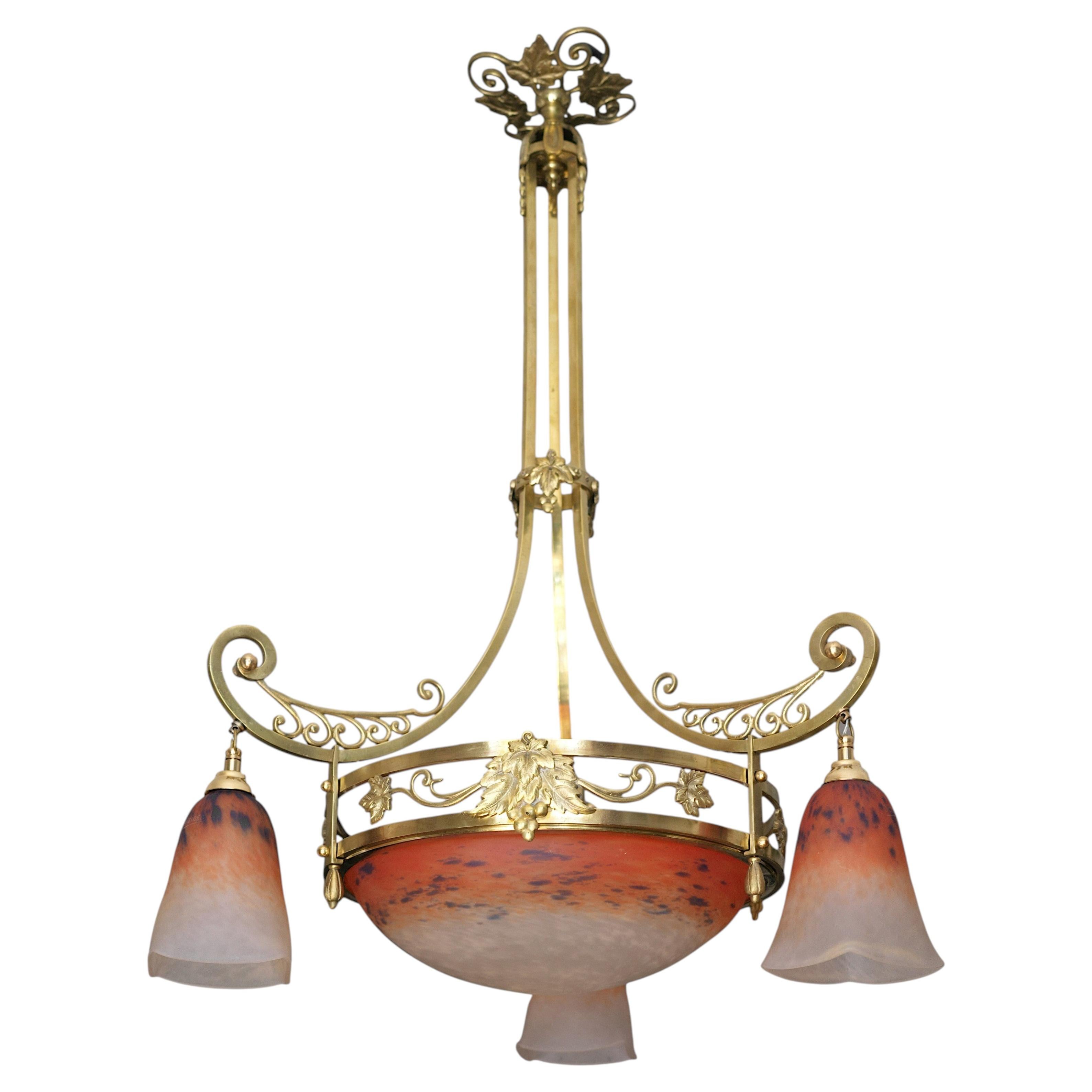 Charles Schneider Art Deco Chandelier, Bronze & Glass, France, 1920s
