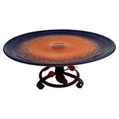 Charles Schneider Art Deco glass and Wrought Iron footed bowl/centerpiece signed