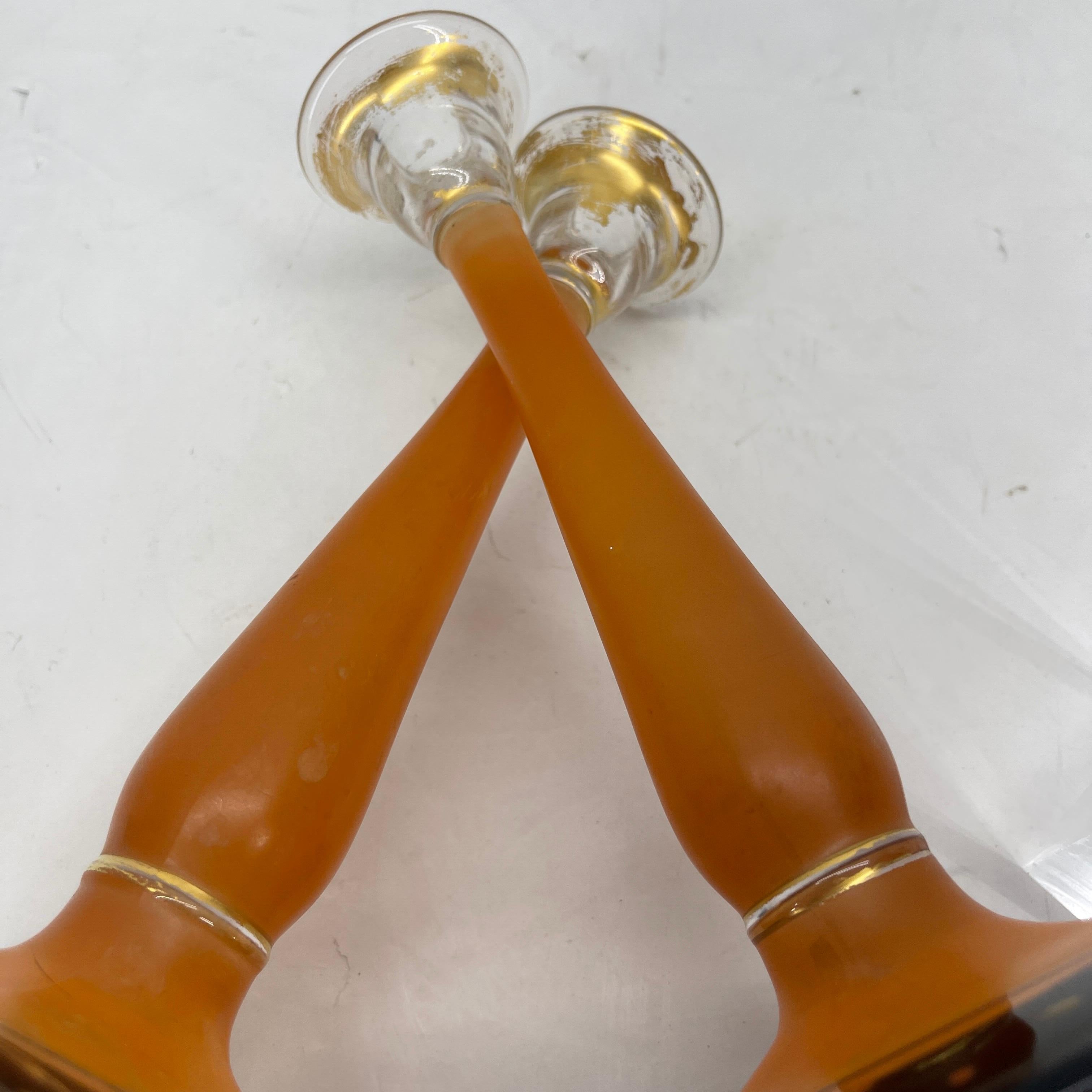 Charles Schneider Art Deco Pressed Orange Glass Candlesticks 4