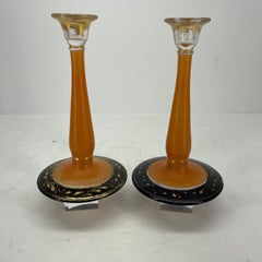 Charles Schneider Art Deco Pressed Orange Glass Candlesticks