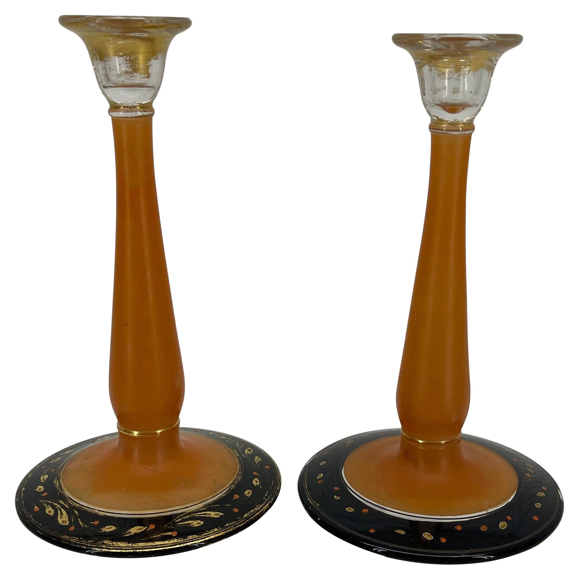 Charles Schneider Art Deco Pressed Orange Glass Candlesticks