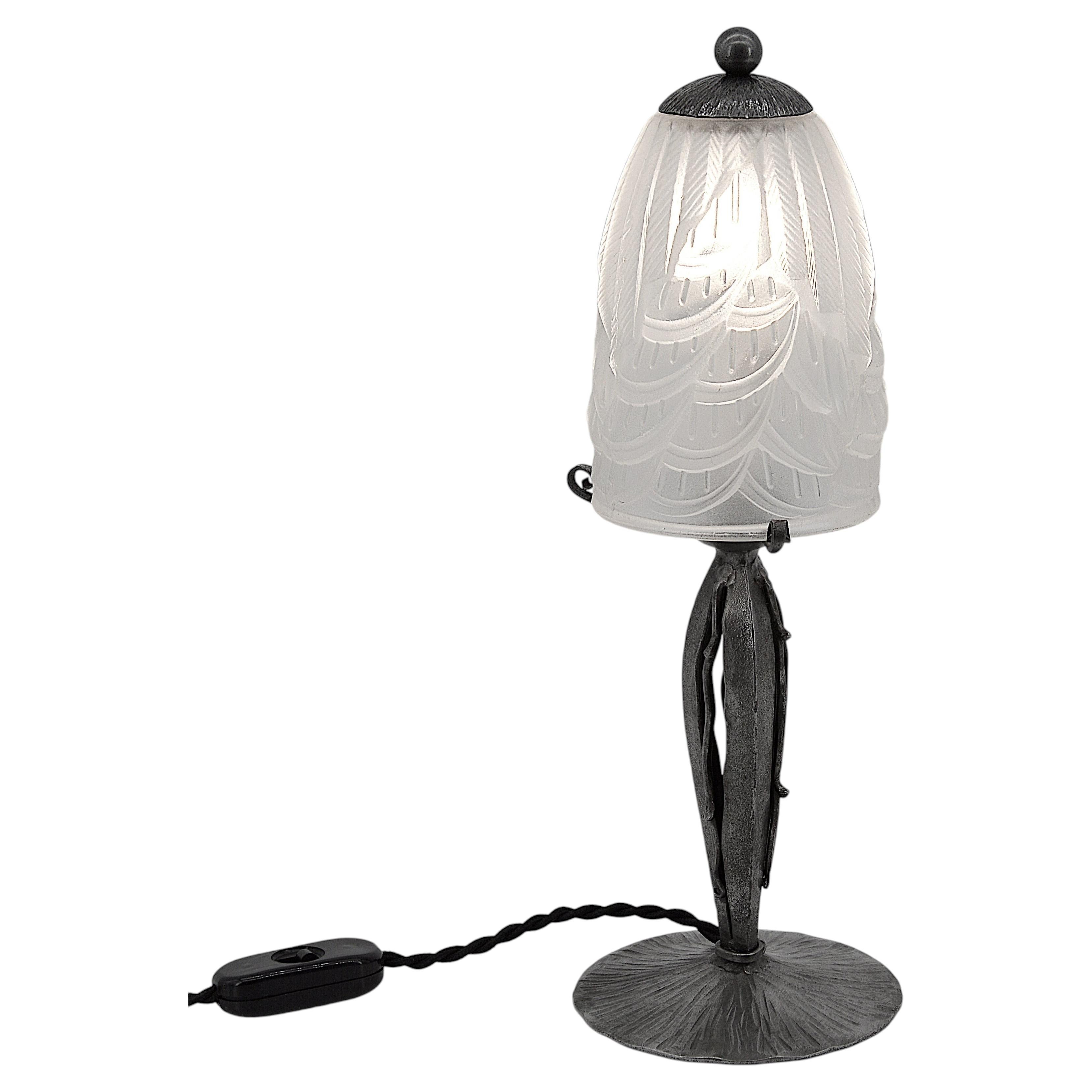 Charles Schneider Art Deco Table Lamp, Glass & Wrought-Iron, France, 1920 For Sale