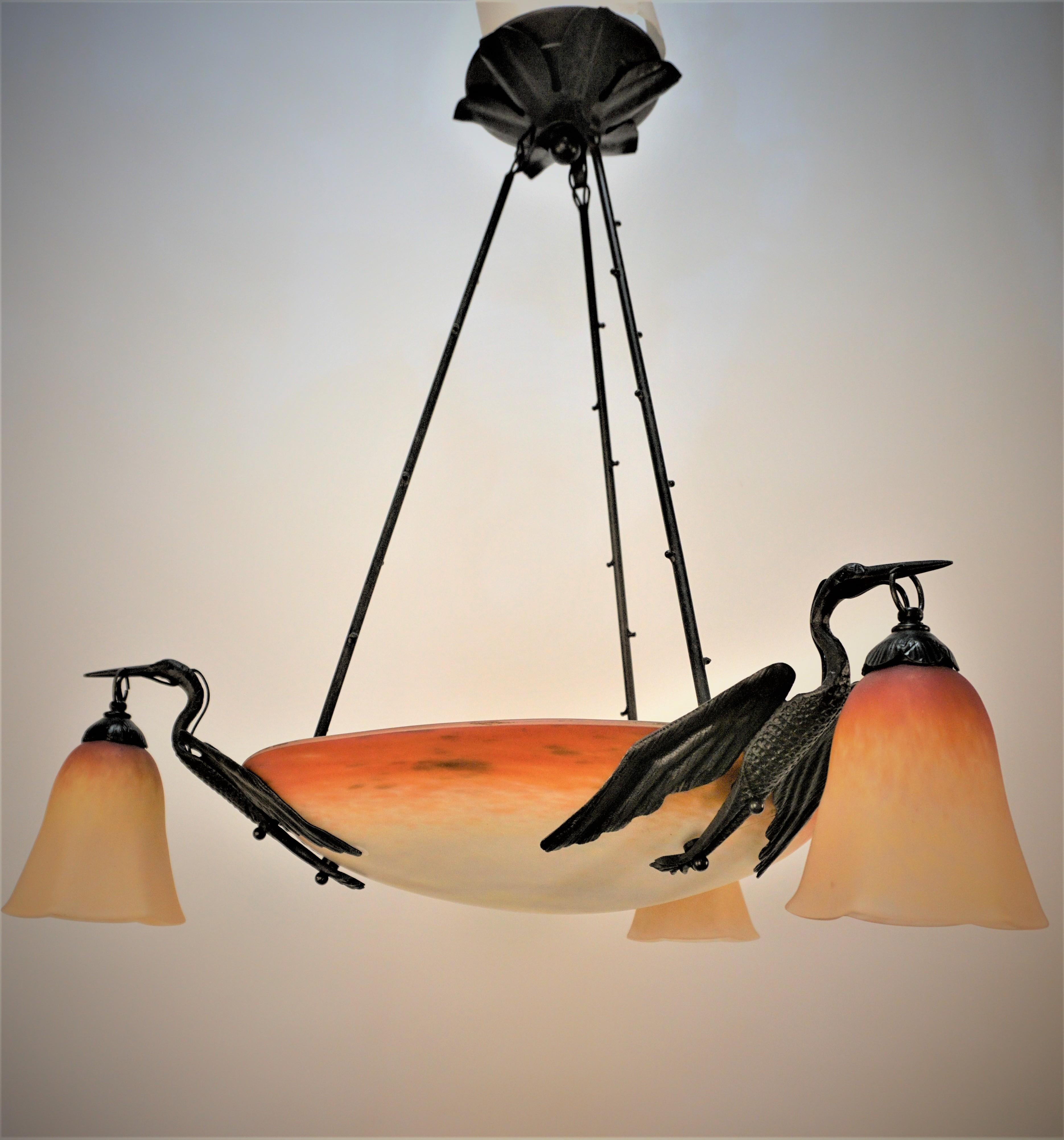 Charles Schneider Art Glass Bird wrought Iron Chandelier 4
