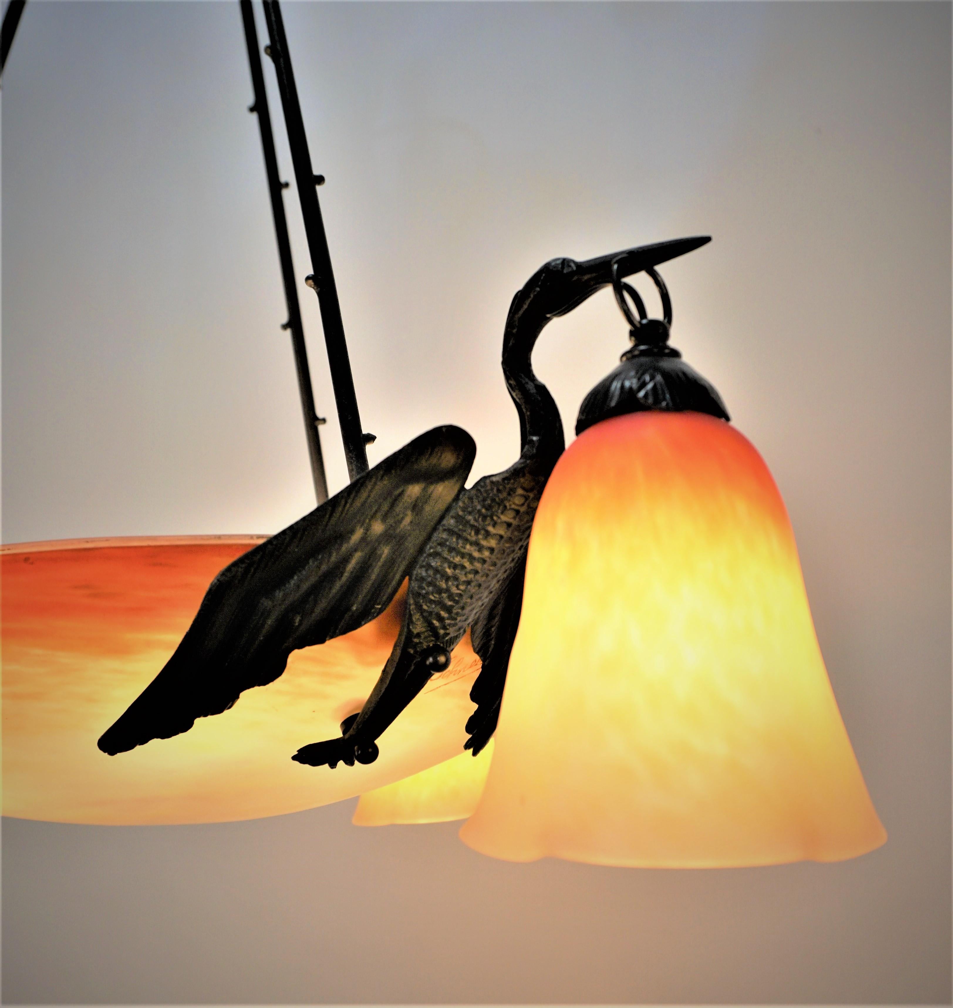 Art Deco Charles Schneider Art Glass Bird wrought Iron Chandelier